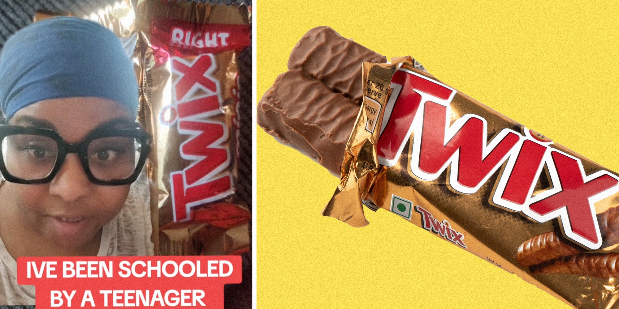 Woman talking over twix with text that says 'ive been schooled by a teenager'(L), Twix candy(r)