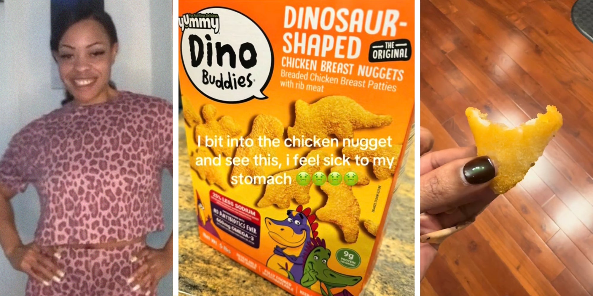Woman sharing what she saw after biting into nugget(l) Dino Nuggets(c) Holding Biten Dino Nugget(r)