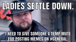 'ladies settle down, i need to give someone a temp mute for posting memes on #general'