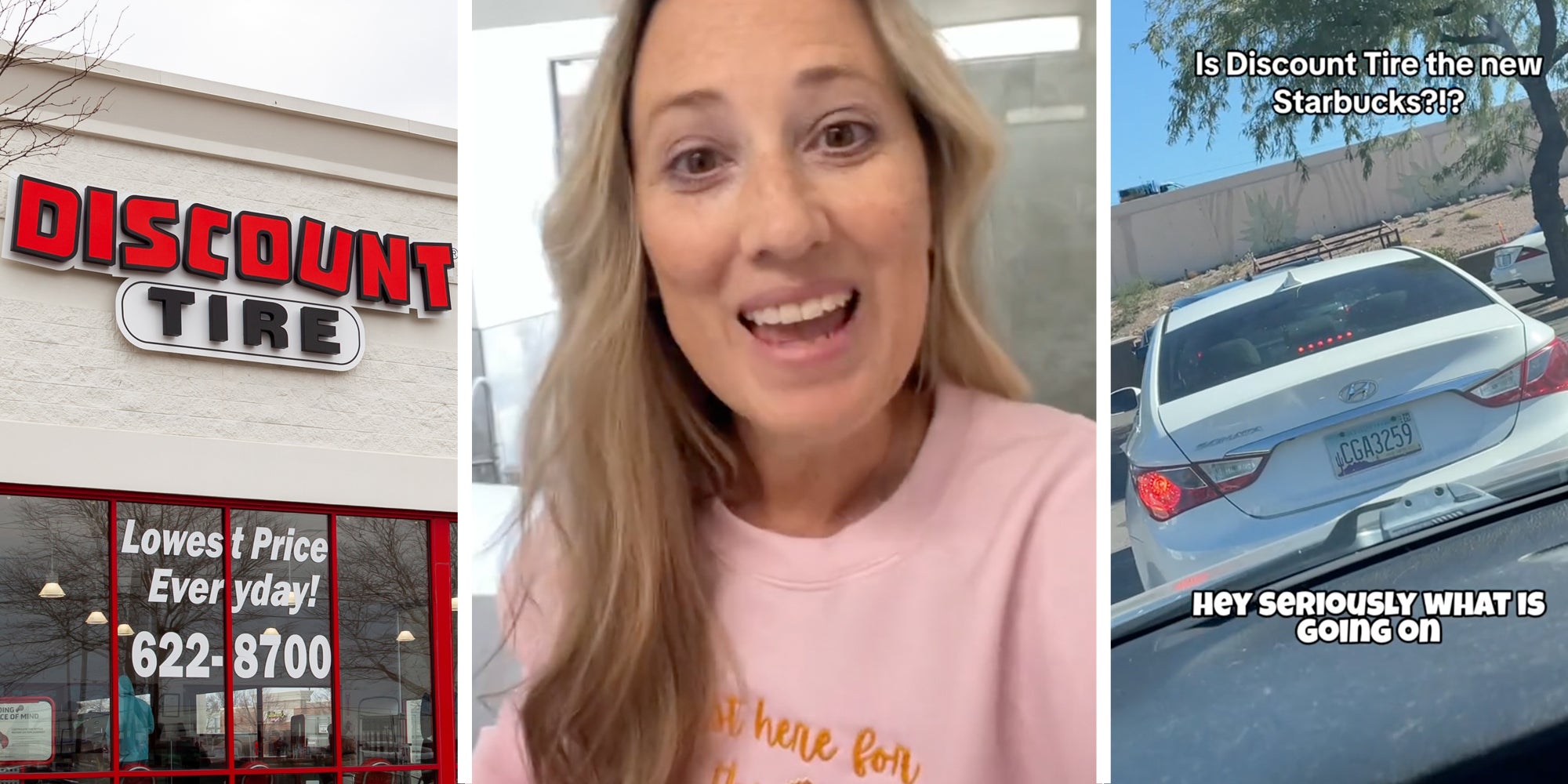Discount Tire(l), Woman talking(c), Cars waiting in line with text that says 'Is discount tire the new starbucks?!? Hey Seriously what is going on'(r)