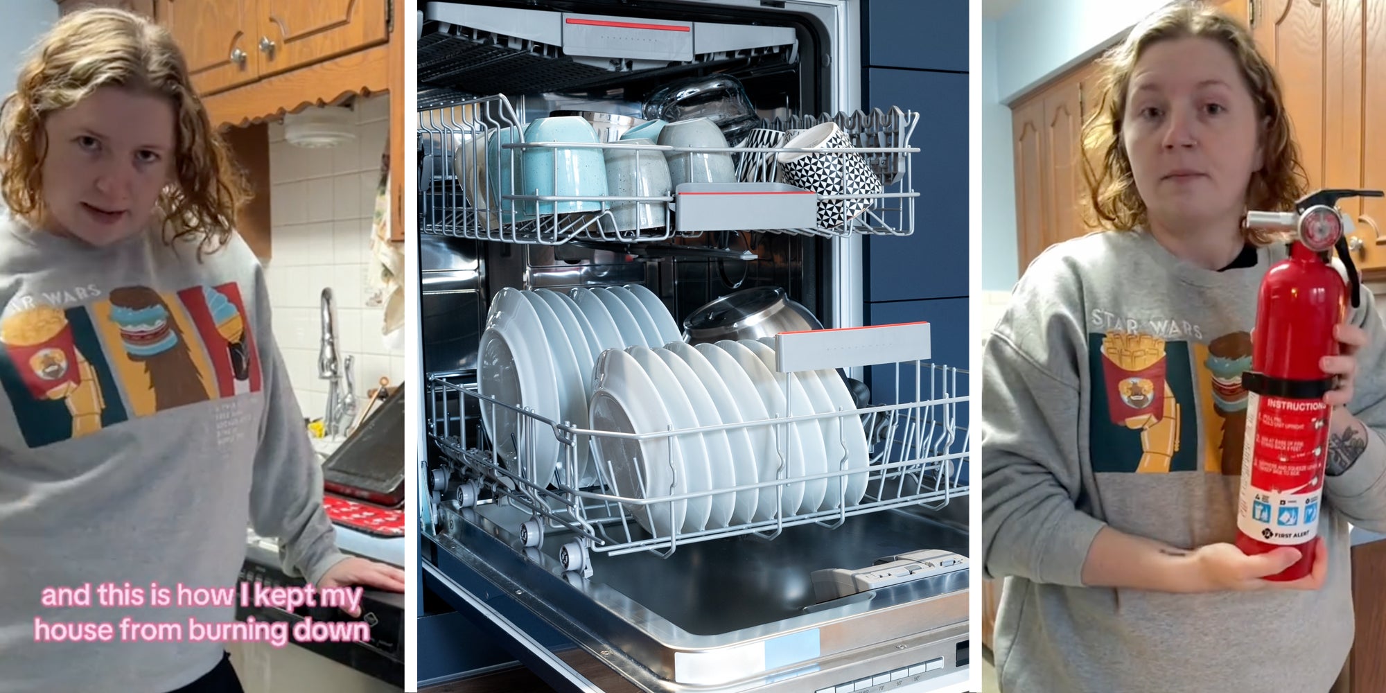 Woman talking with text that says 'and this is how I kept my house from burning down'(L), Dishwasher full of dishes(c), Woman holding fire extinguisher(r)