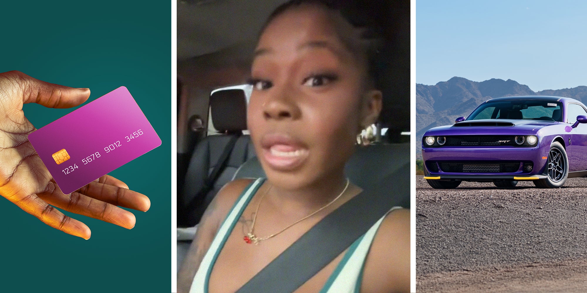 Woman holding floating Debit Card(l) Woman sharing her Hellcat purchase on TikTok(c) Dodge Challenger(r)