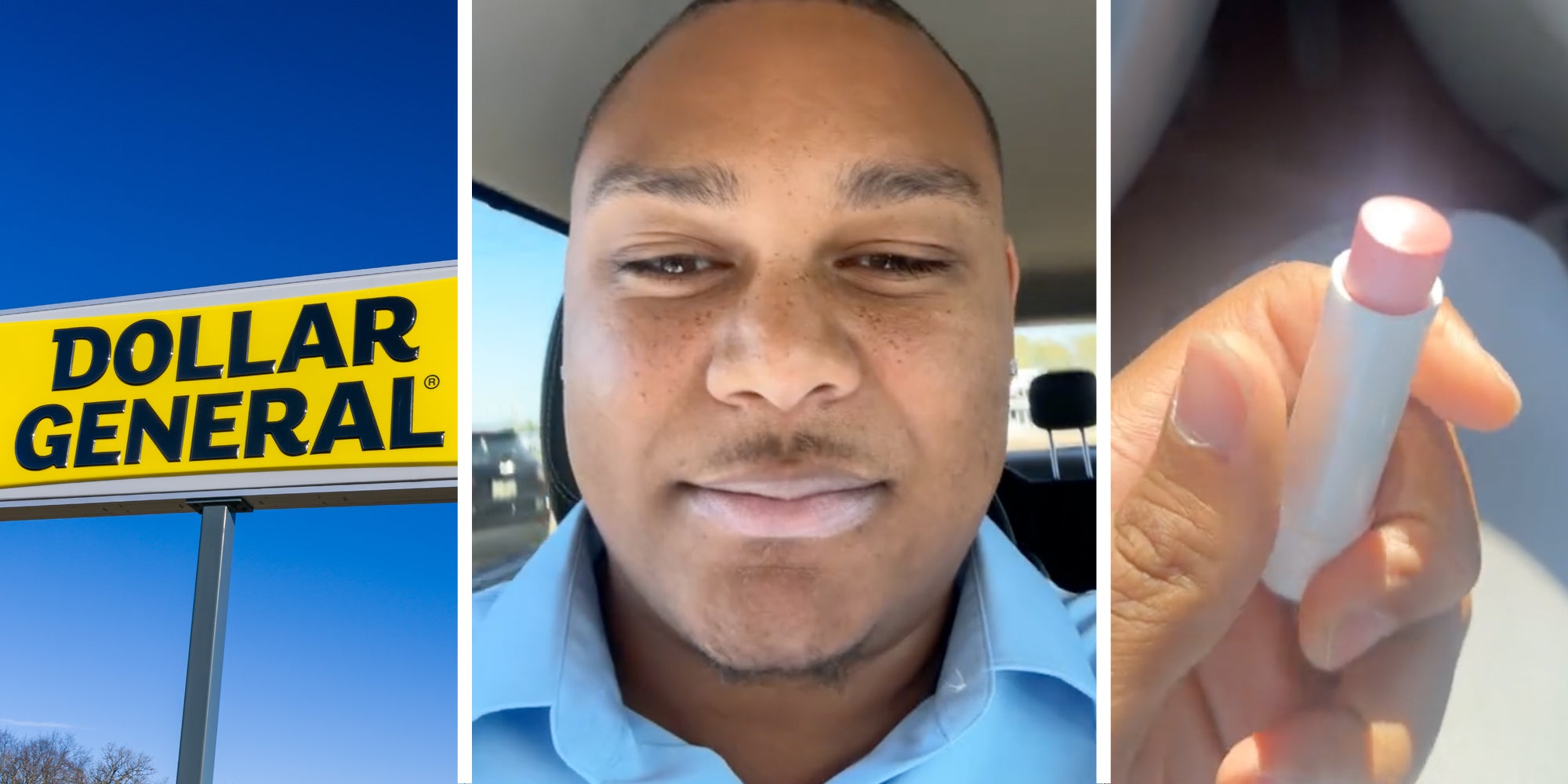 Dollar General sign(l), Man talking(c), Hand holding lip balm(r)