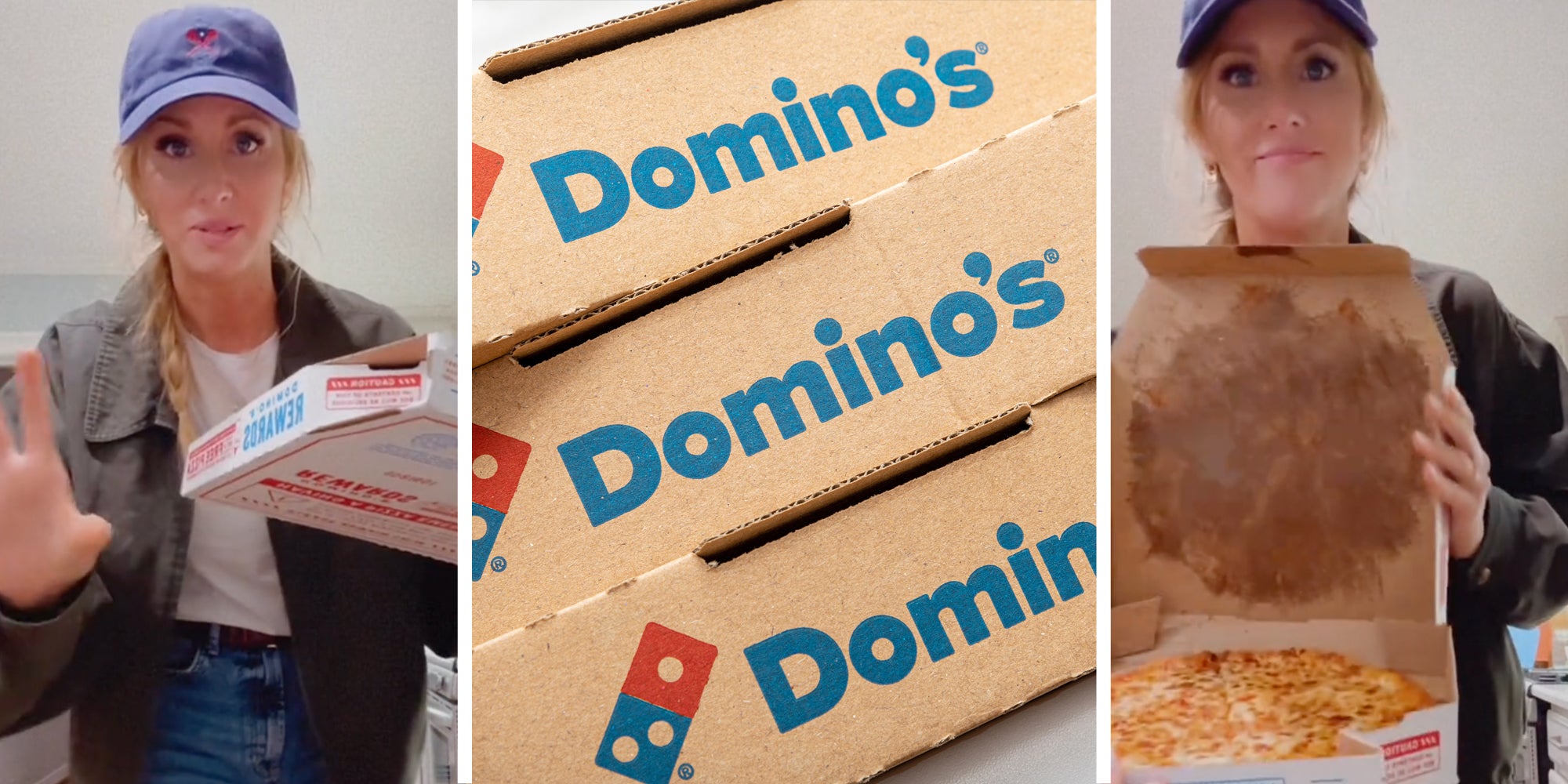 Woman holding pizza box(l+r), Domino's boxes stacked(c)