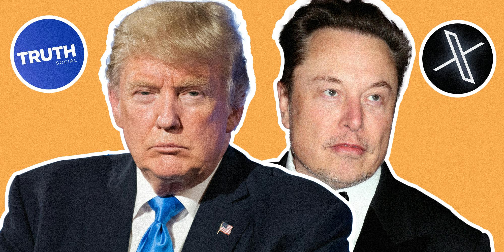 Donald Trump and Elon Musk with floating logos for truth social and x around them