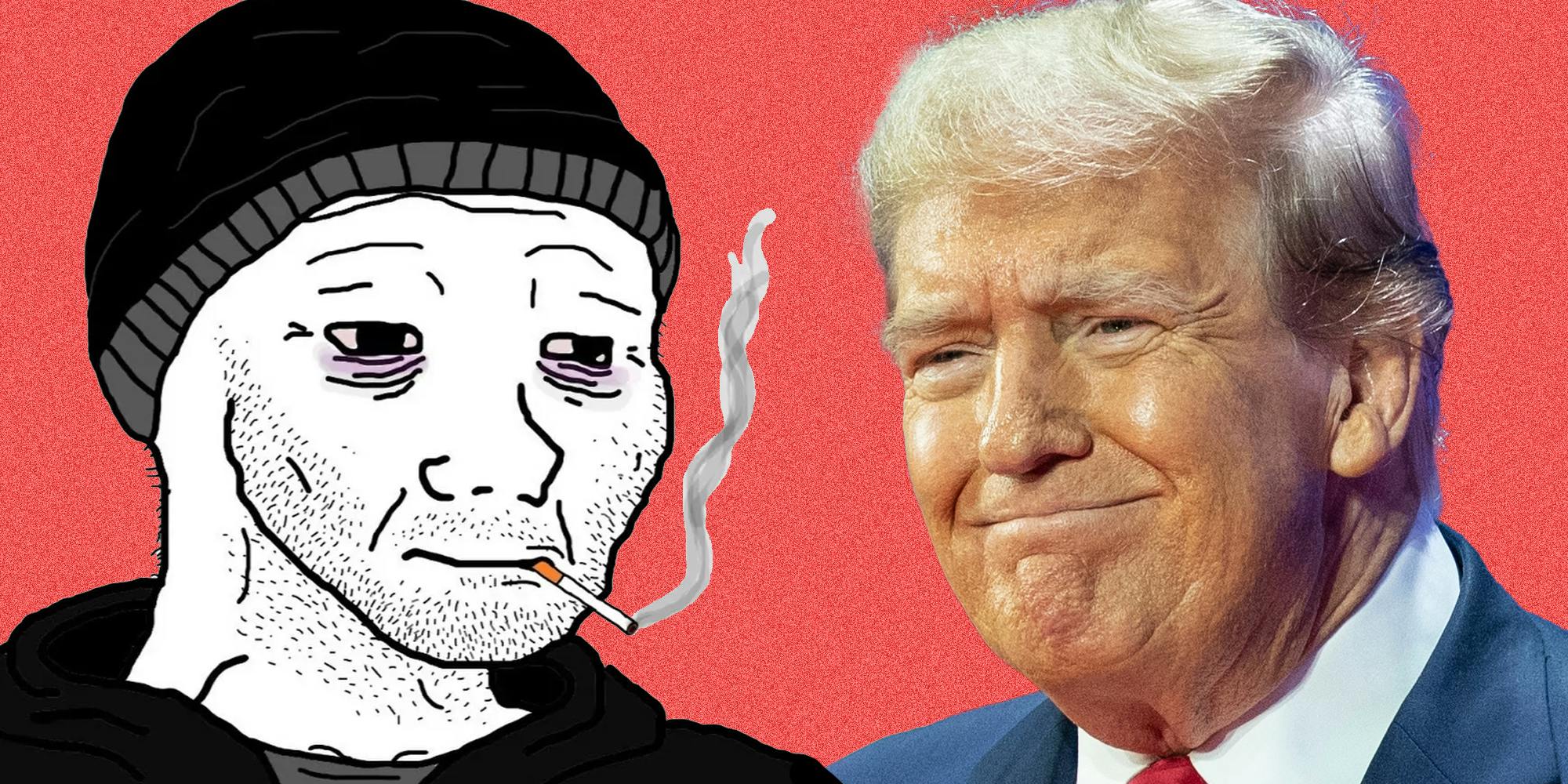 Doomer meme smoking a cigarette and donald trump smiling