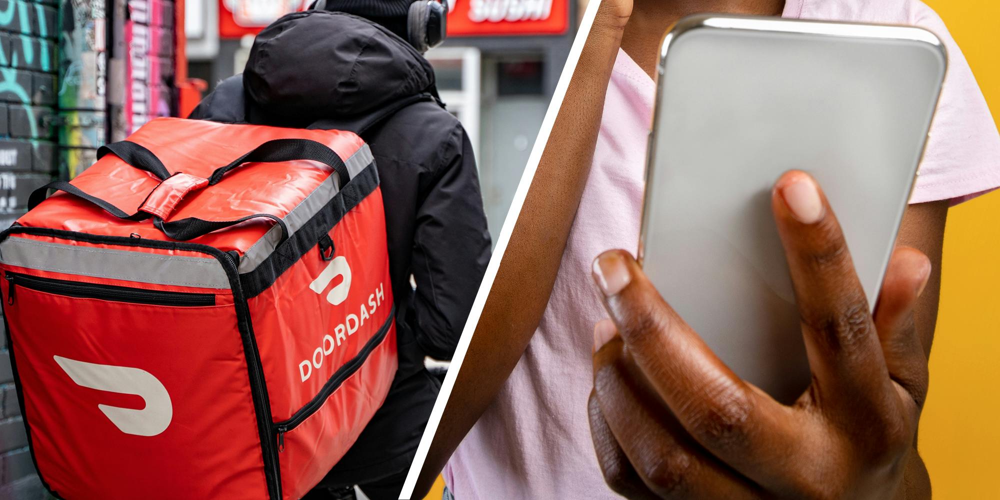 Doordasher on bike(l), Hand holding phone(r)