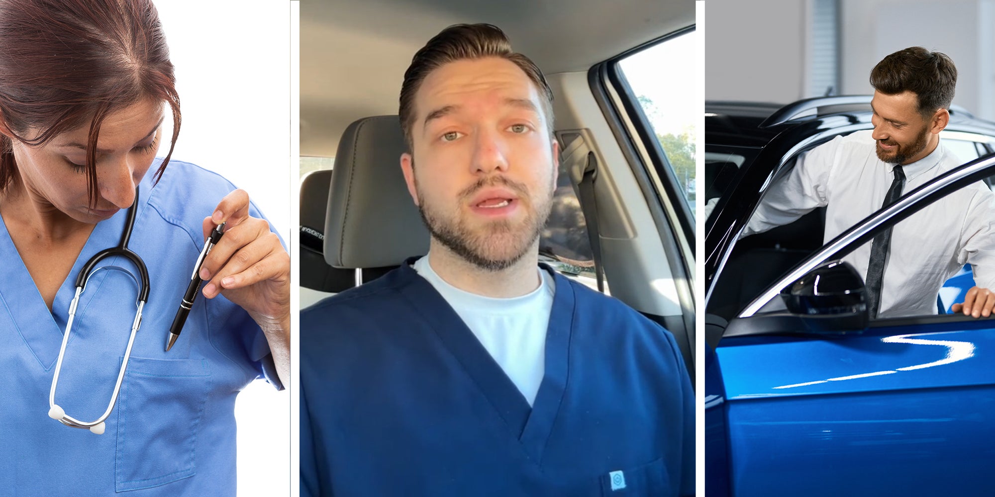 Female Doctor placing pen in pocket(l) Man sharing why you should not put a pen in your pocket(c) Man getting inside his blue car(r)