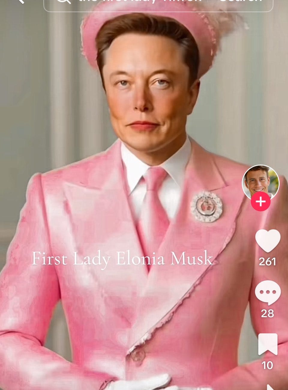 AI image of the Tesla CEO in a pink suit and hat with makeup.