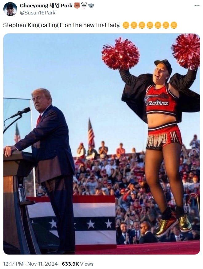 Elon Musk First Lady meme showing him jumping on stage at a Trump rally Photoshopped into a cheerleader uniform.