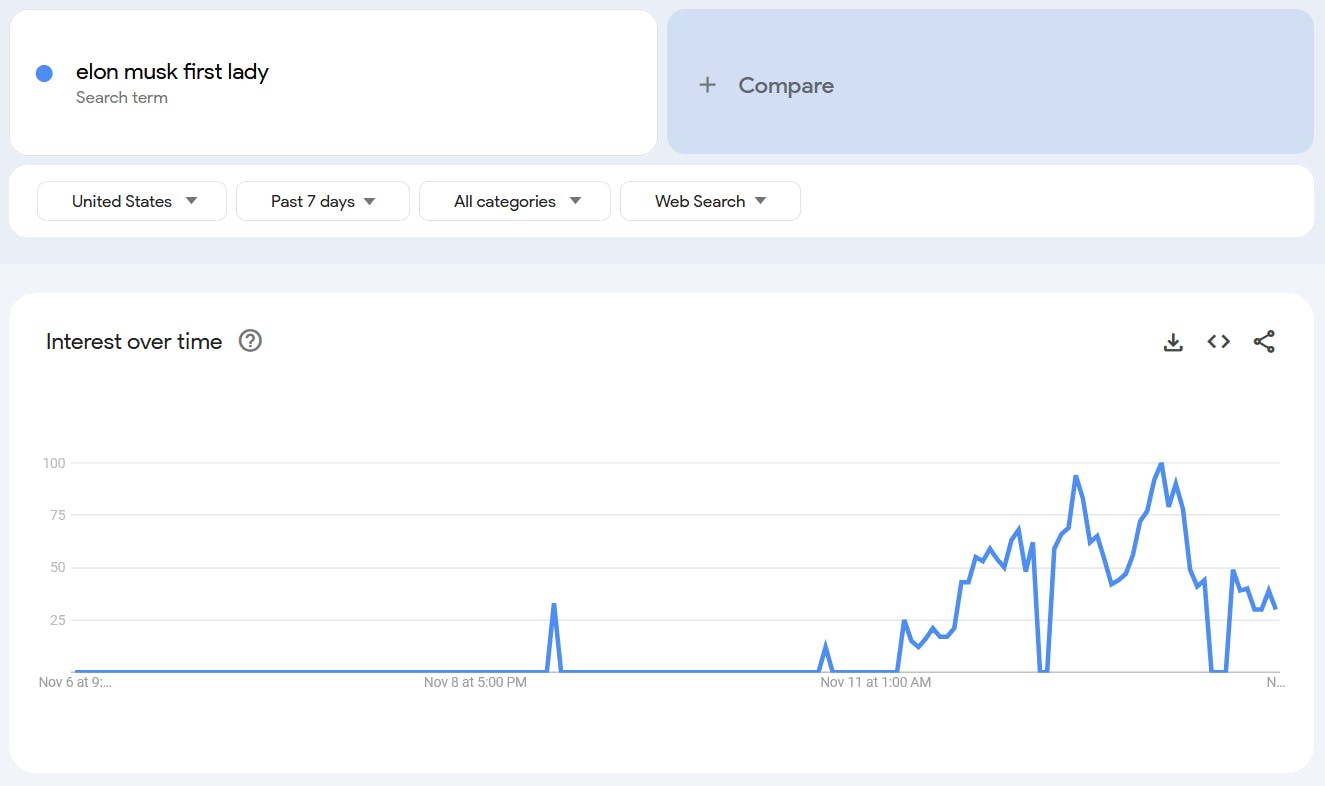 Google Trends report for the term 'Elon Musk First Lady.'