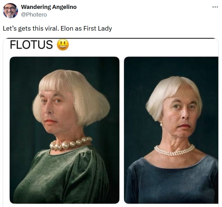 Elon Musk First Lady meme with two images of him in dresses and pearls.