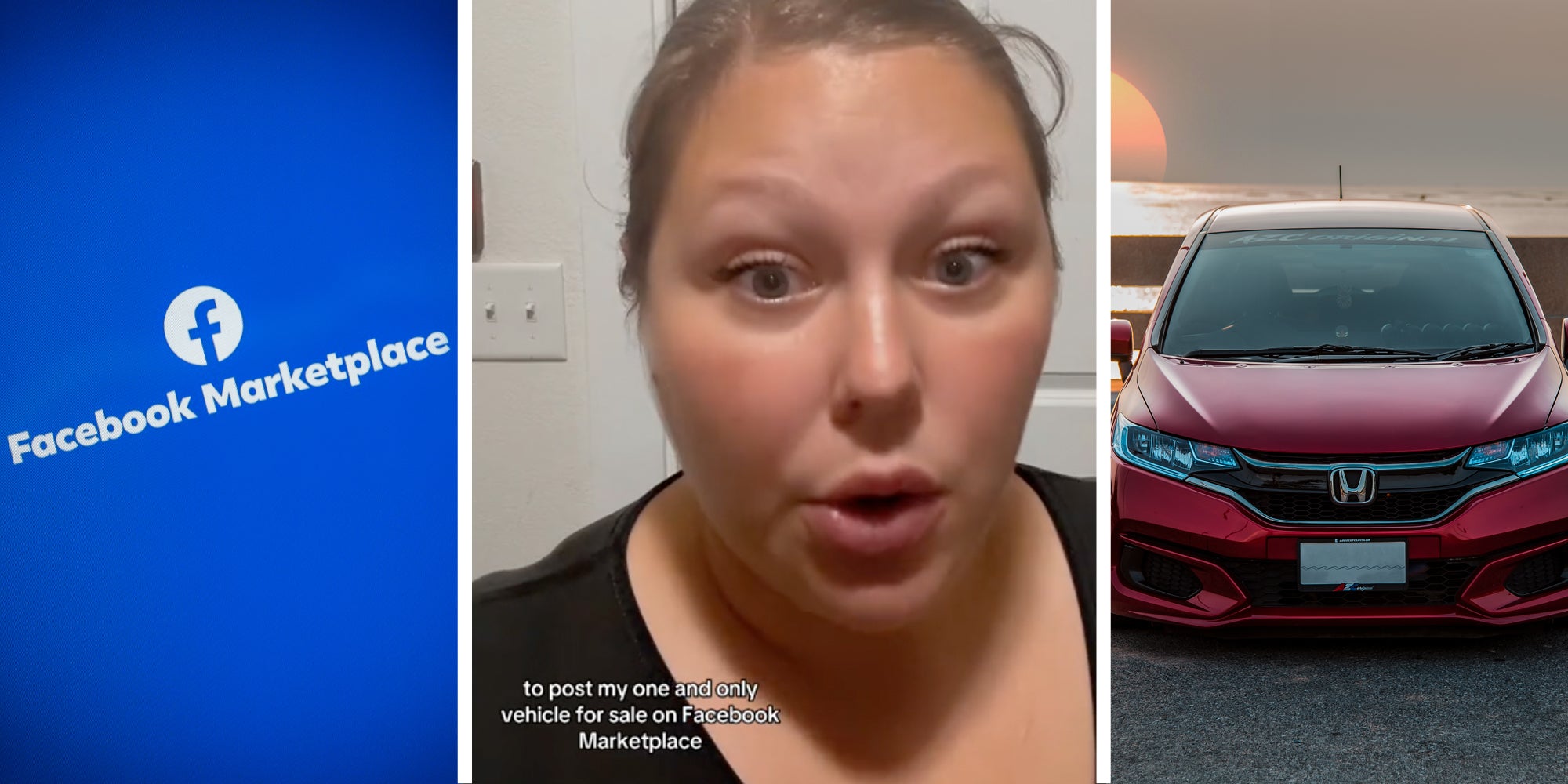 Facebook marketplace(l), Woman talking with text that says 'to post my one and only vehicle for sale on Facebook Marketplace'(c), Car(r)