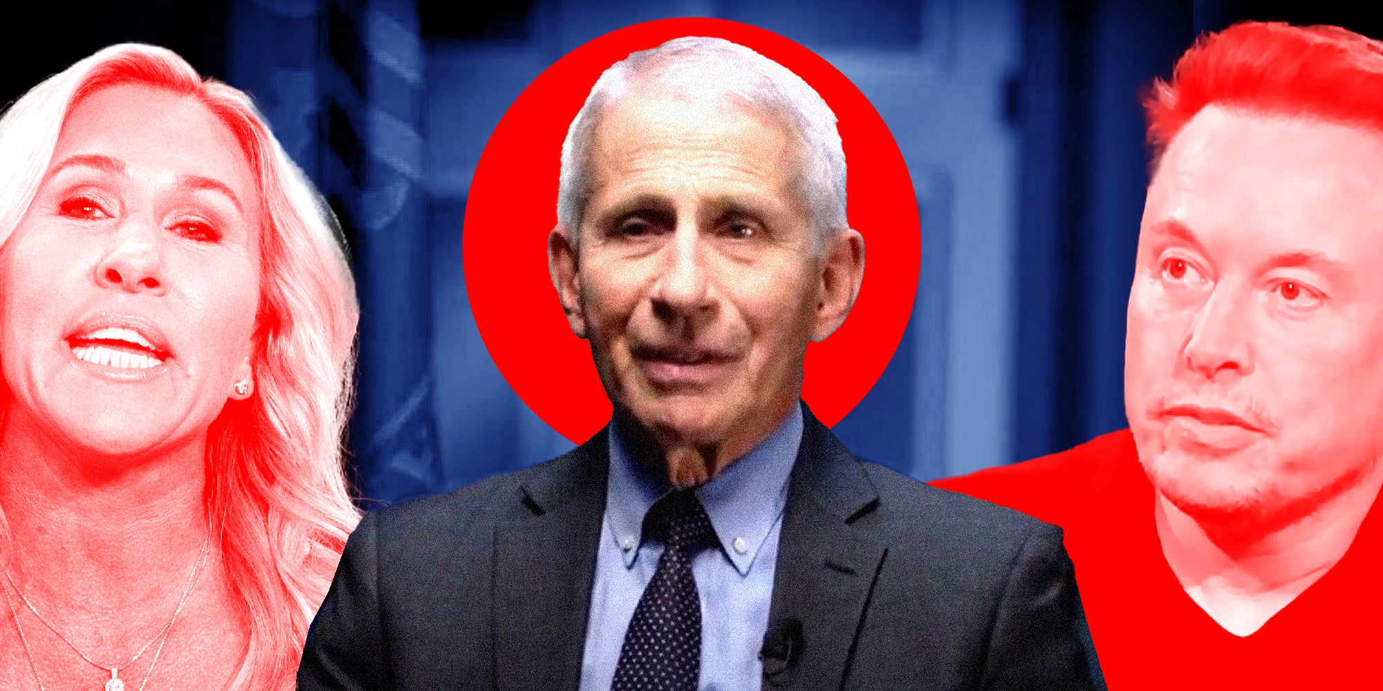 Image of Anthony Fauci in the middle and a red Marjorie Taylor Greene on the left and a red Elon Musk on the right.