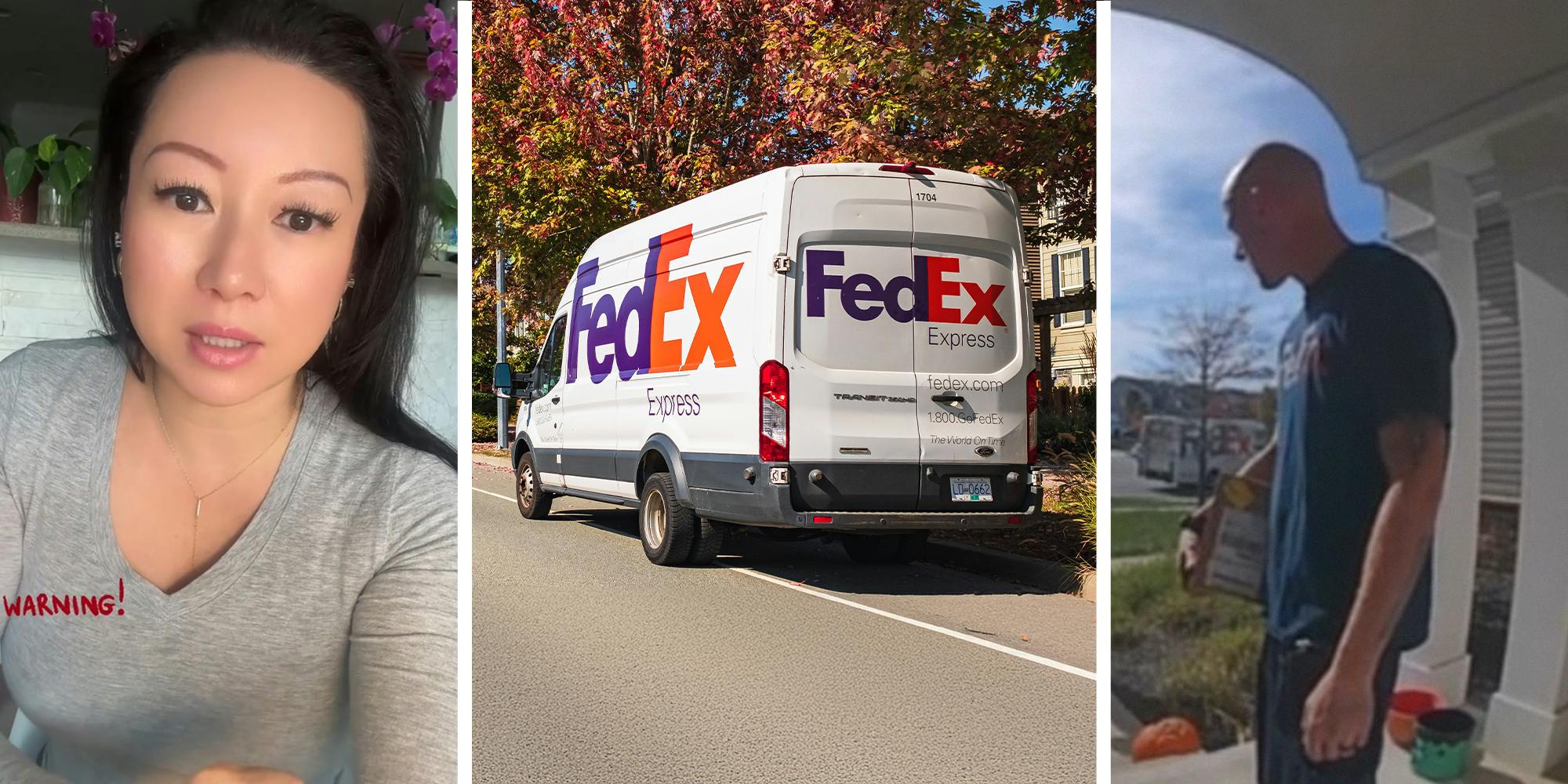 Woman sharing her delivery experience with Amazon(r) FedEx Van(c) FedEx Delivery Man