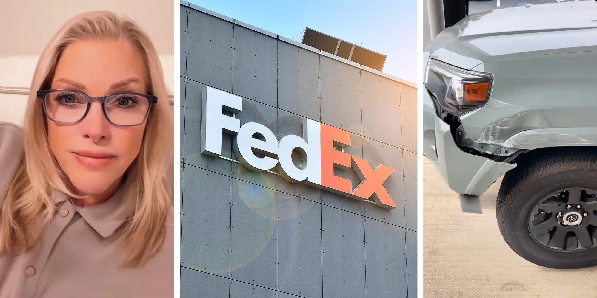 Woman sharing what happened when Fedex Driver crashed her sons vehicle(l) Fedex building Sign(c) Crashed 4runner(r)