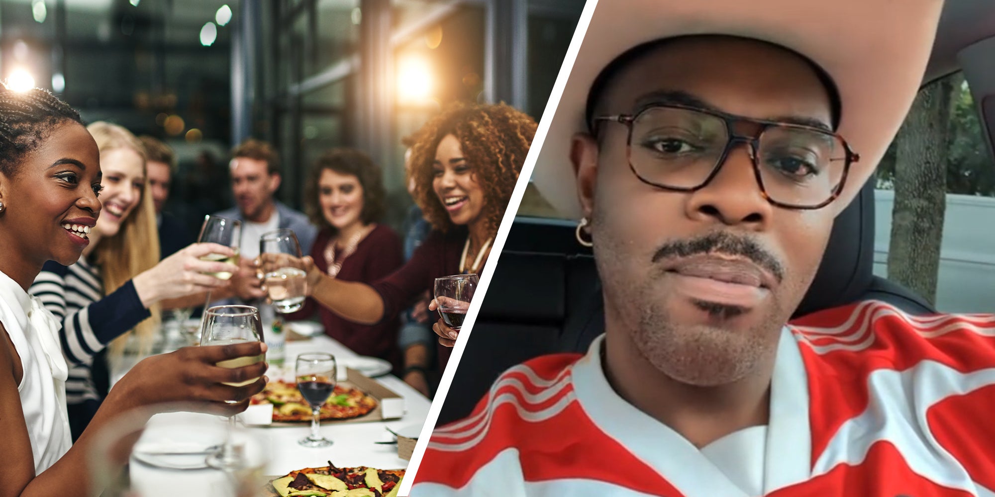 Group of People Eating out at a restaurant(l) Chef shares why fine dining is a scam(r)