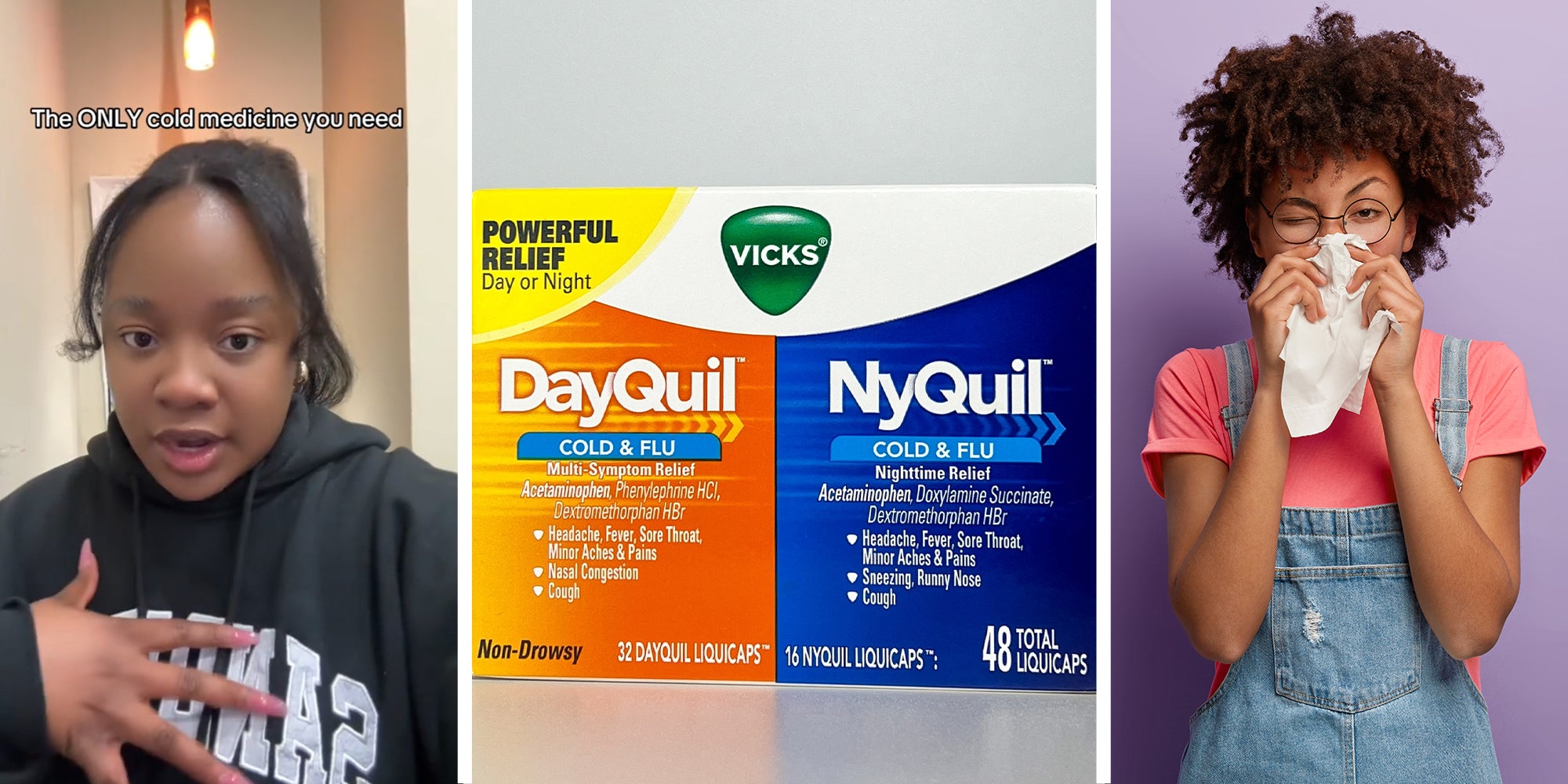 woman sharing the medication she took for her flu(l) Vicks Products(c) Portrait of sick African American woman sneezes in white tissue(r)