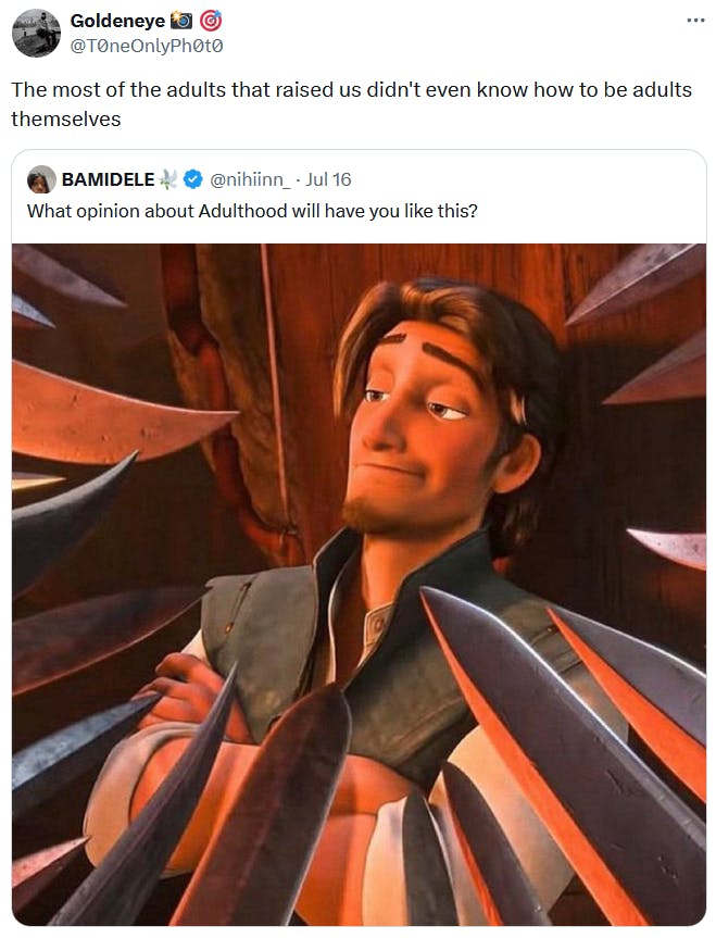 Flynn Rider Unpopular Opinion meme about adulthood.