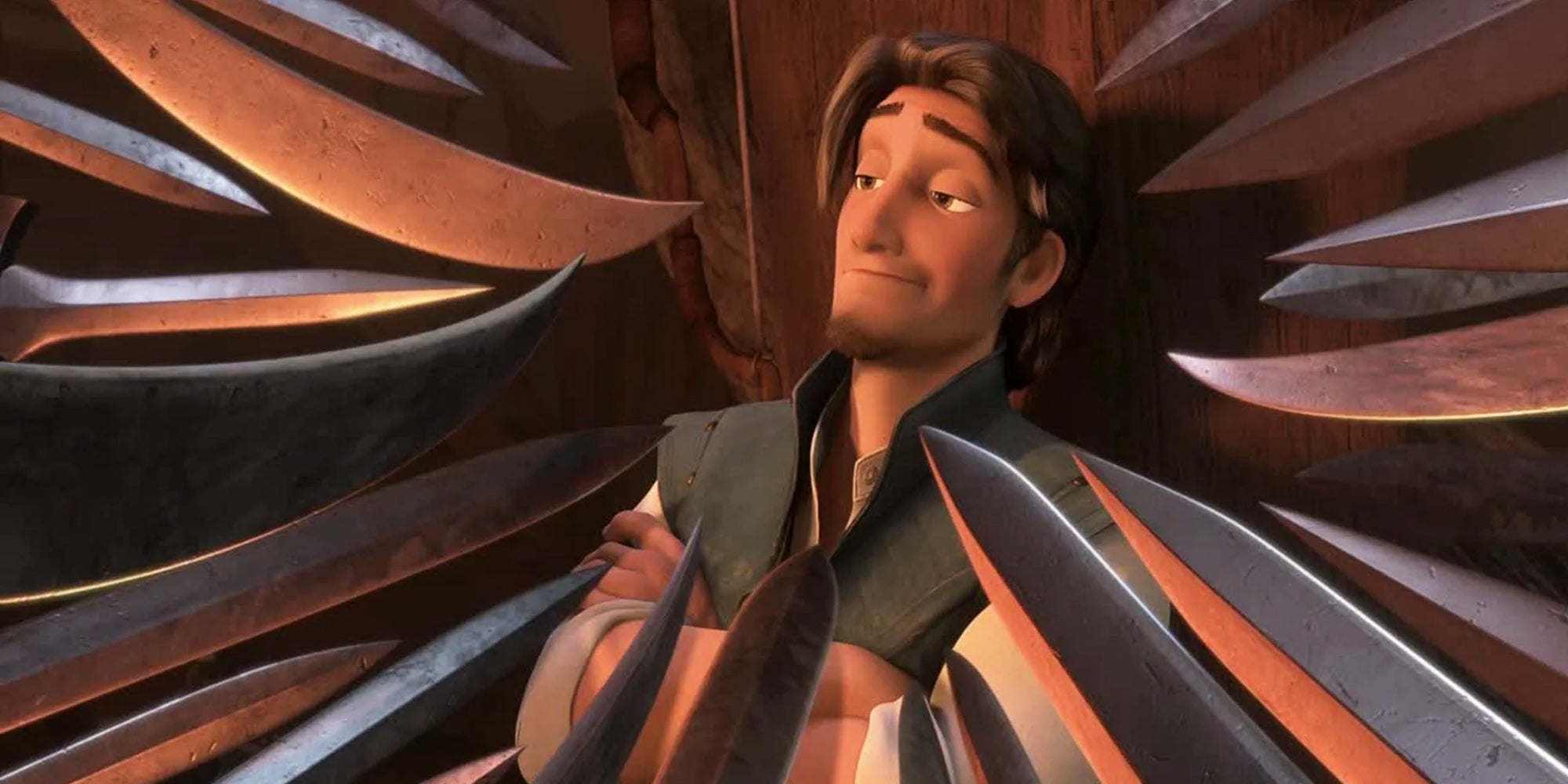 Flynn Rider with swords pointed at him