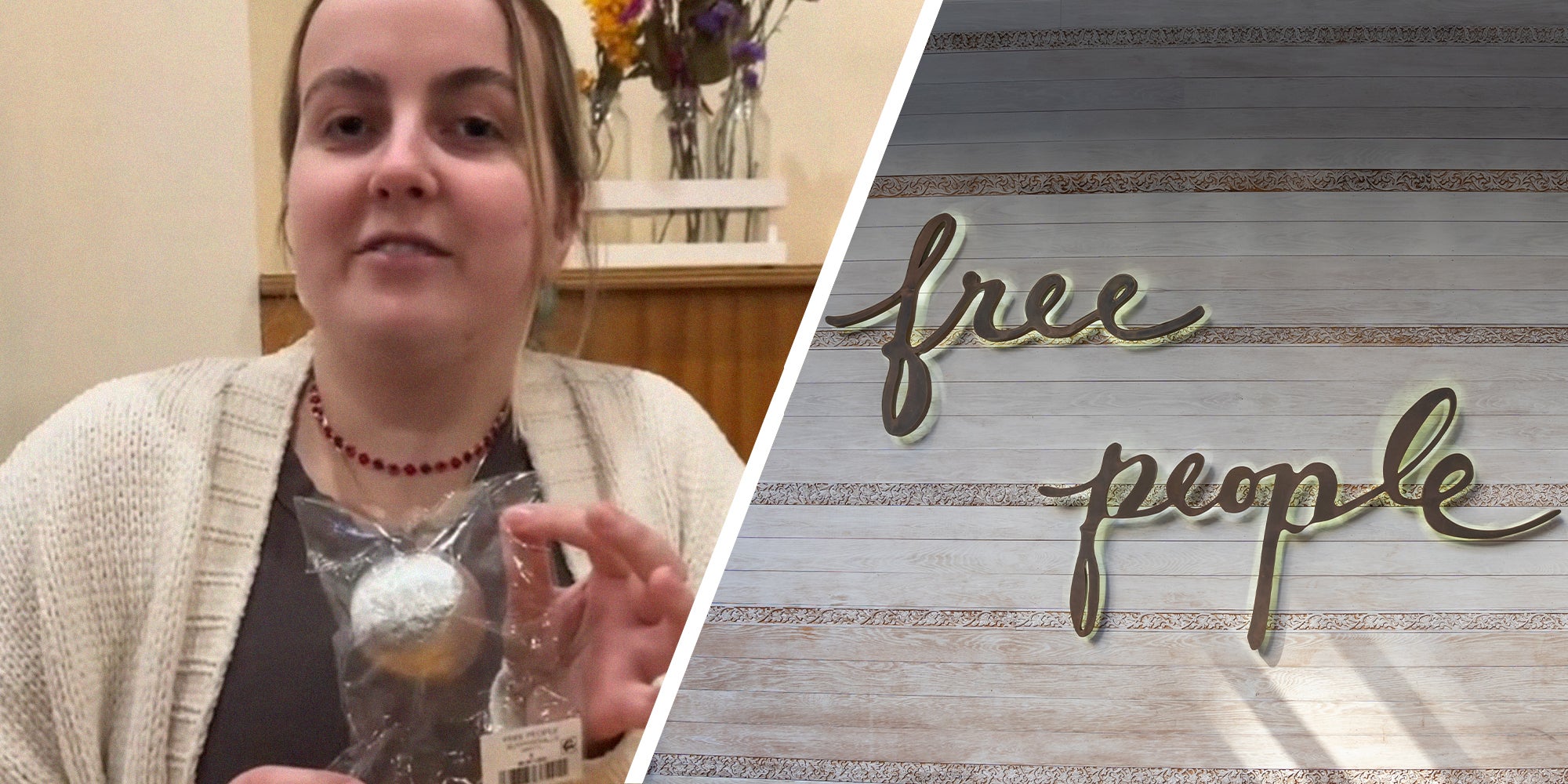 Woman holding up Free People's Christmas ball(l) Free People Sign(r)