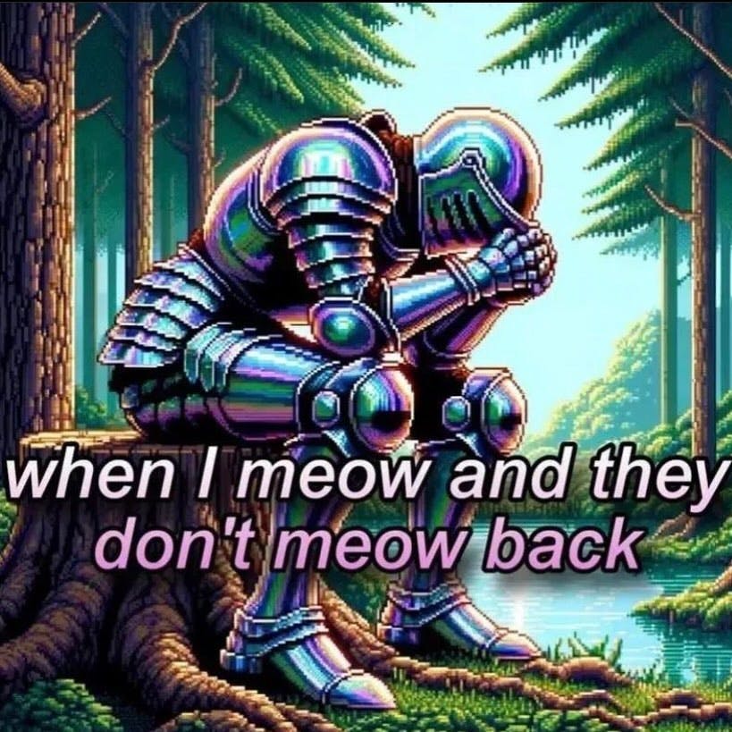 Funny cat meme pixel art of a sad knight on a stump. 'When I meow and they don't meow back.'