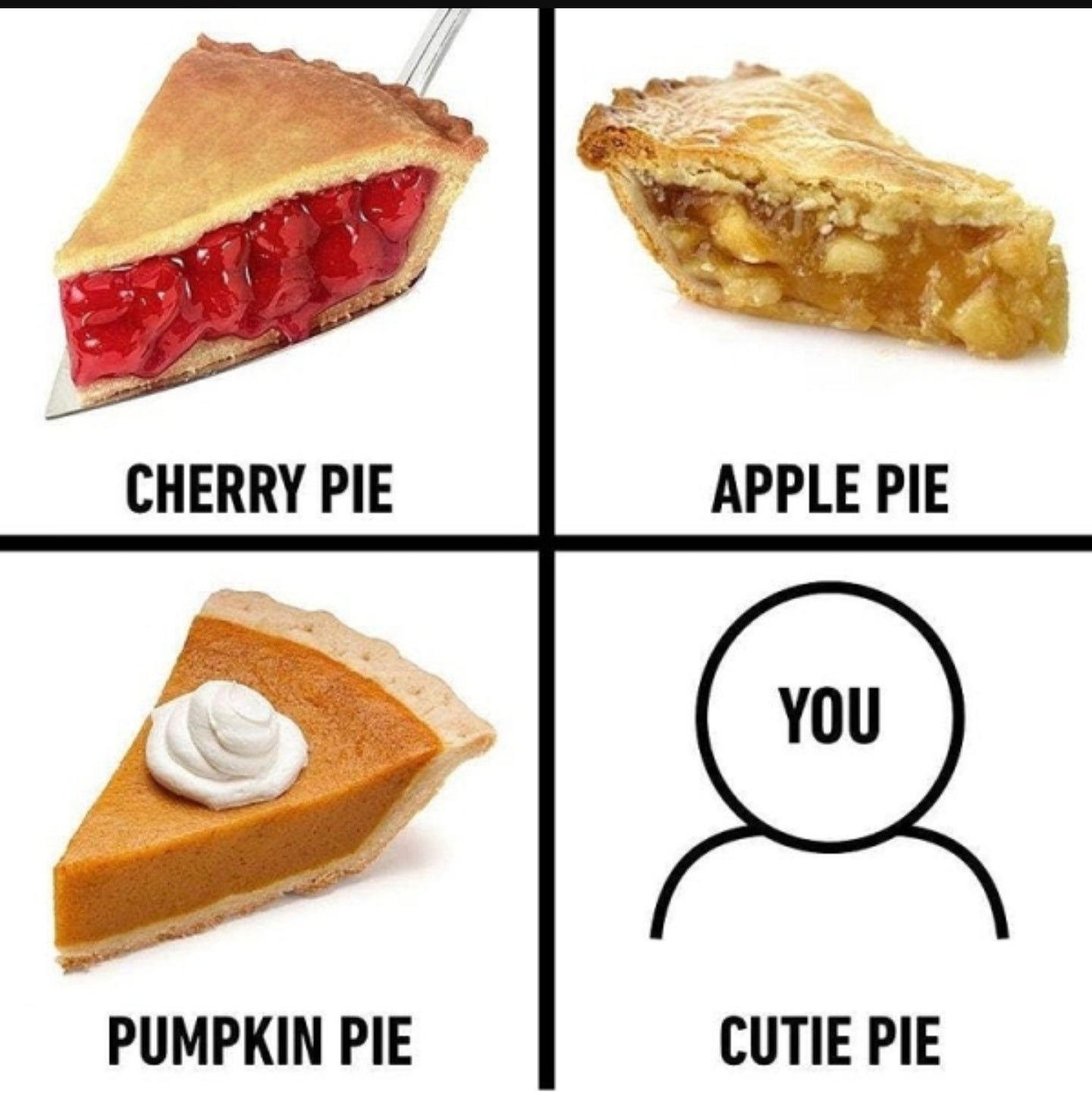 Funny Thanksgiving meme with four panels: three pies and then a stick figure with 'YOU' over its face that says 'cutie pie'