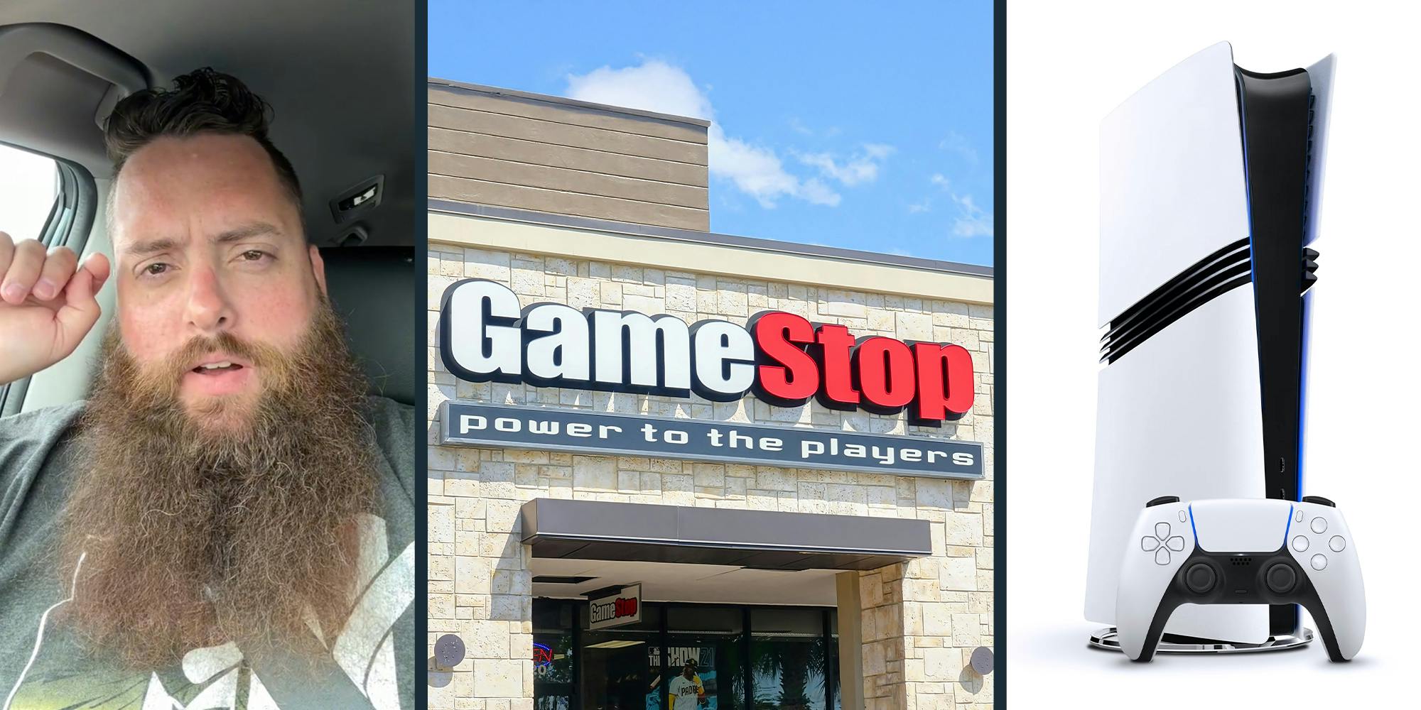 man sharing what happened when he picked up his play station at GameStop(l) GameStop store front(c) Ps5 Pro (r)