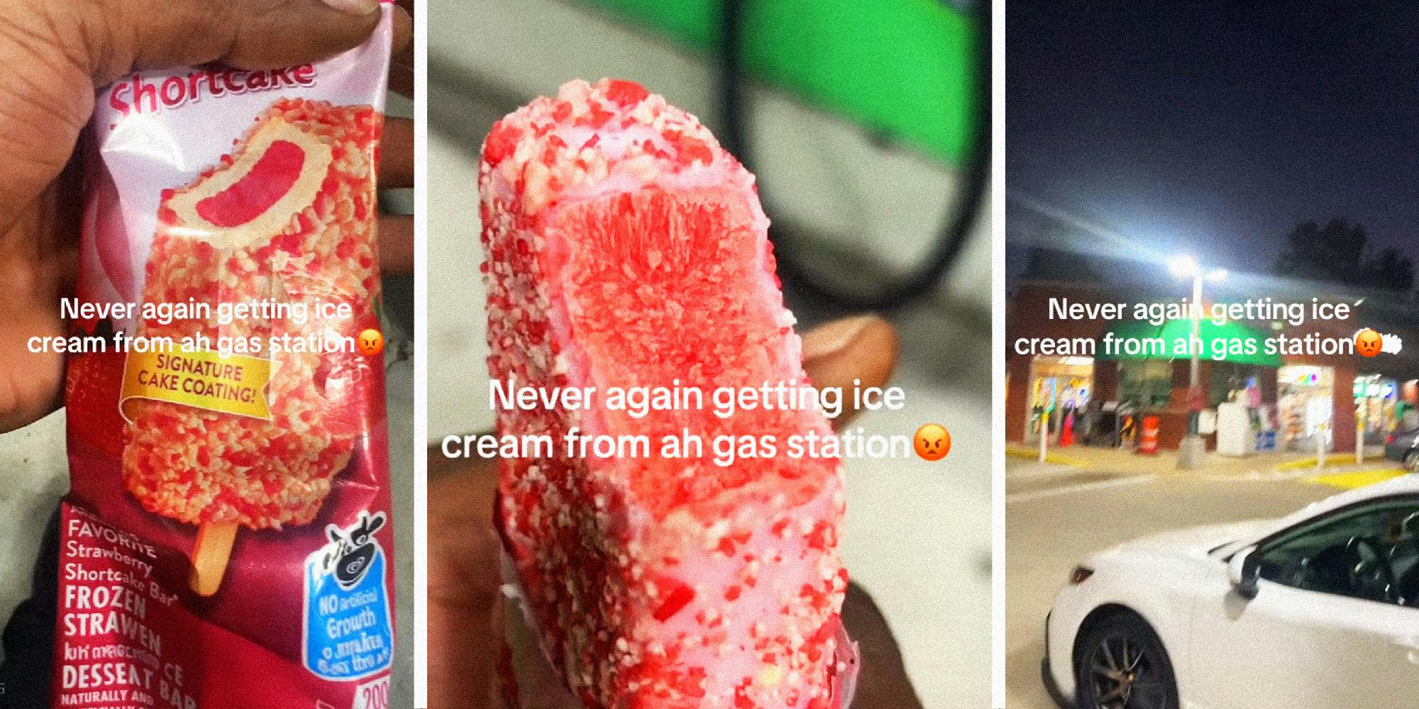 3 panel image showing a person's story about buying ice cream from a gas station