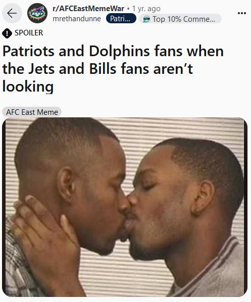 Gay Guys Kissing meme about Patriots and Dolphins fans.