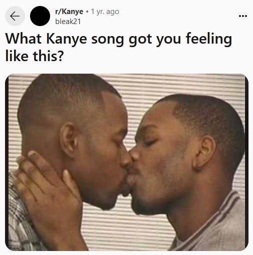 Gay Guys Kissing meme about Kanye West songs.