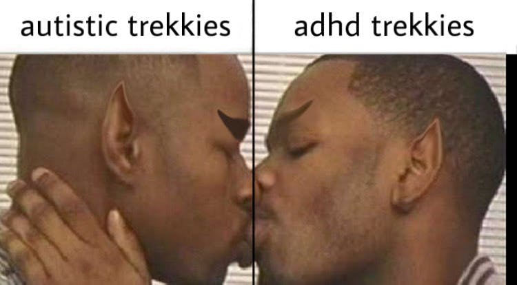 Photo of Black men making out edited to give them Vulcan ears and eyebrows labeled 'autistic trekkies' and 'adhd trekkies.'