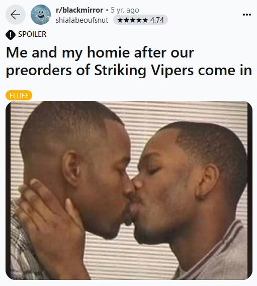 Gay Guys Kissing meme about pre-ordering a Black Mirror episode.