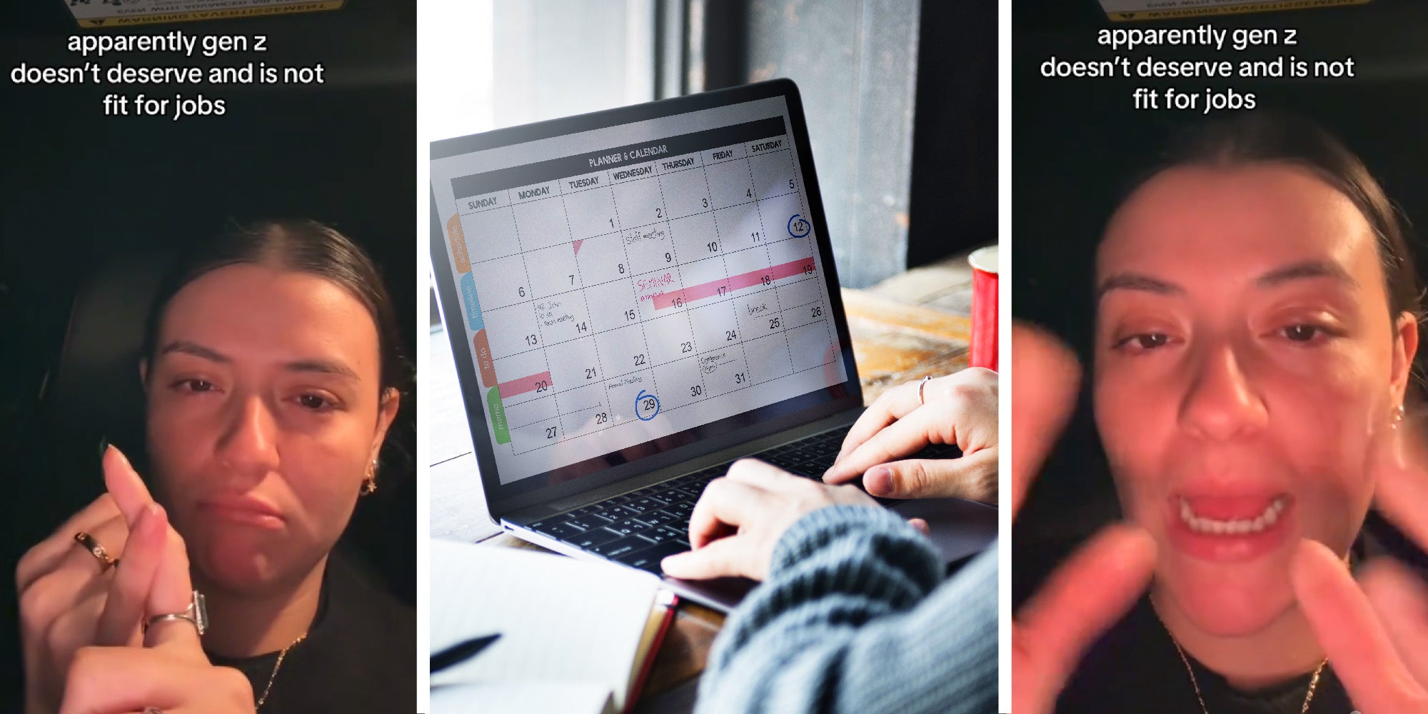 3 panel image: in the side panels a person is crying in their car with the text over, 'apparently gen z doesn't deserve and is not fit for jobs'