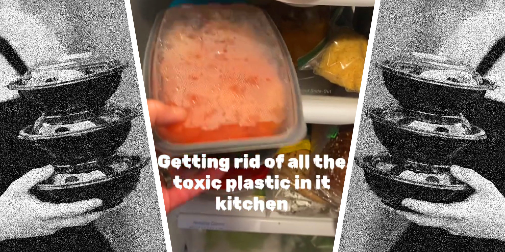 3 panel image showing black plastic containers.