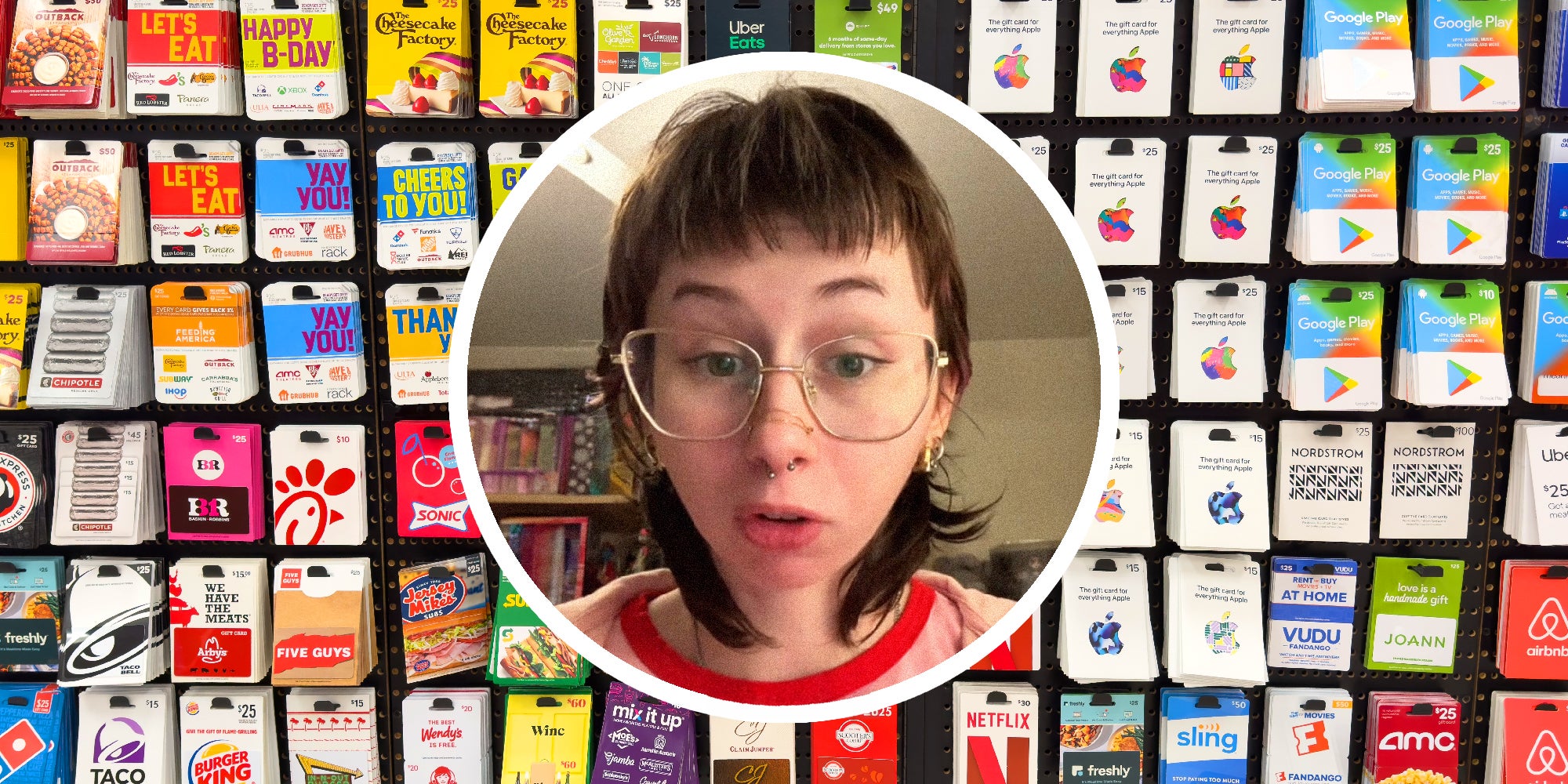 A person in a circle explains. In the background there is a typical wall of gift cards.