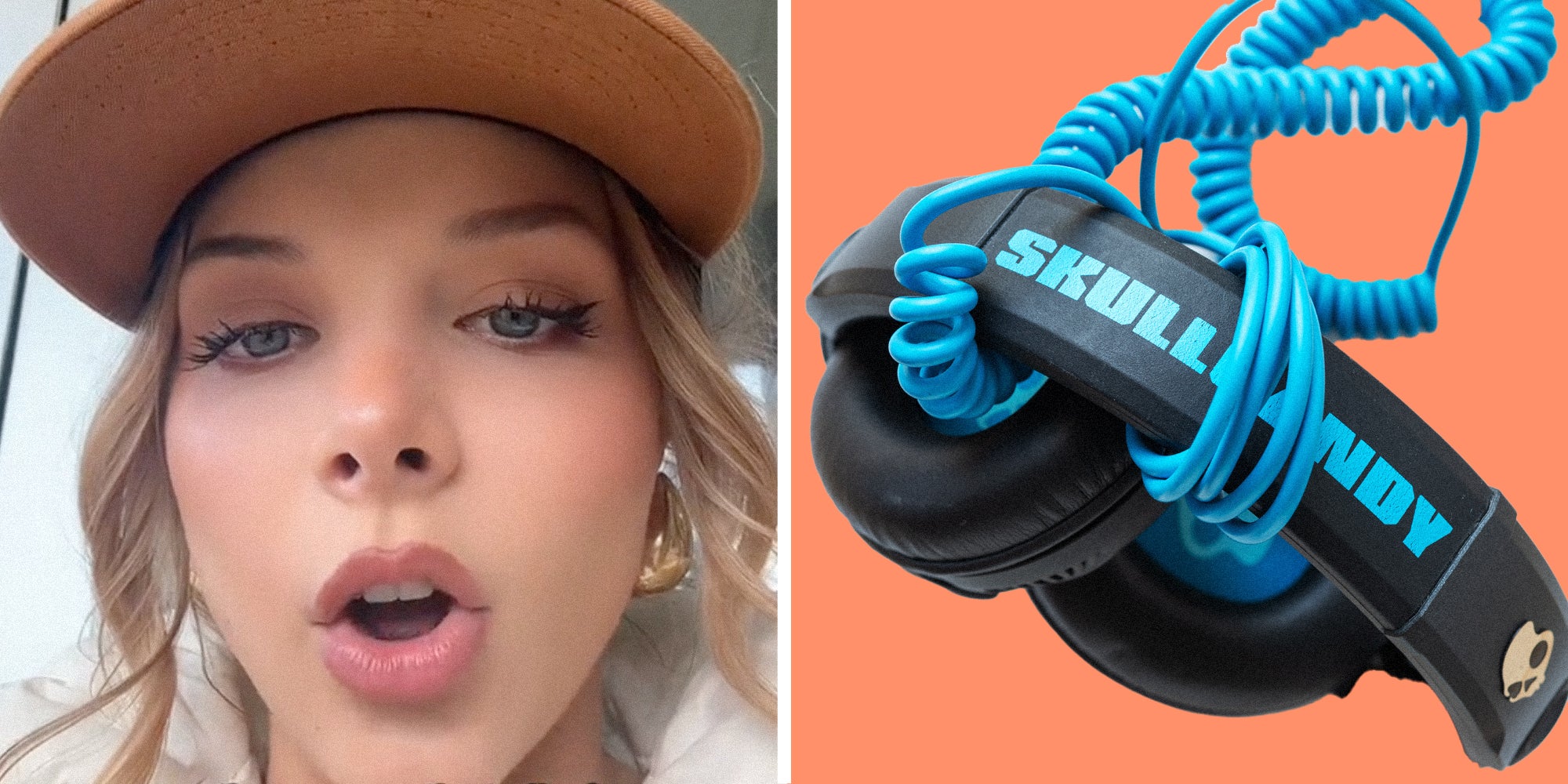 Woman talking(l), SkullCandy headphones(r)