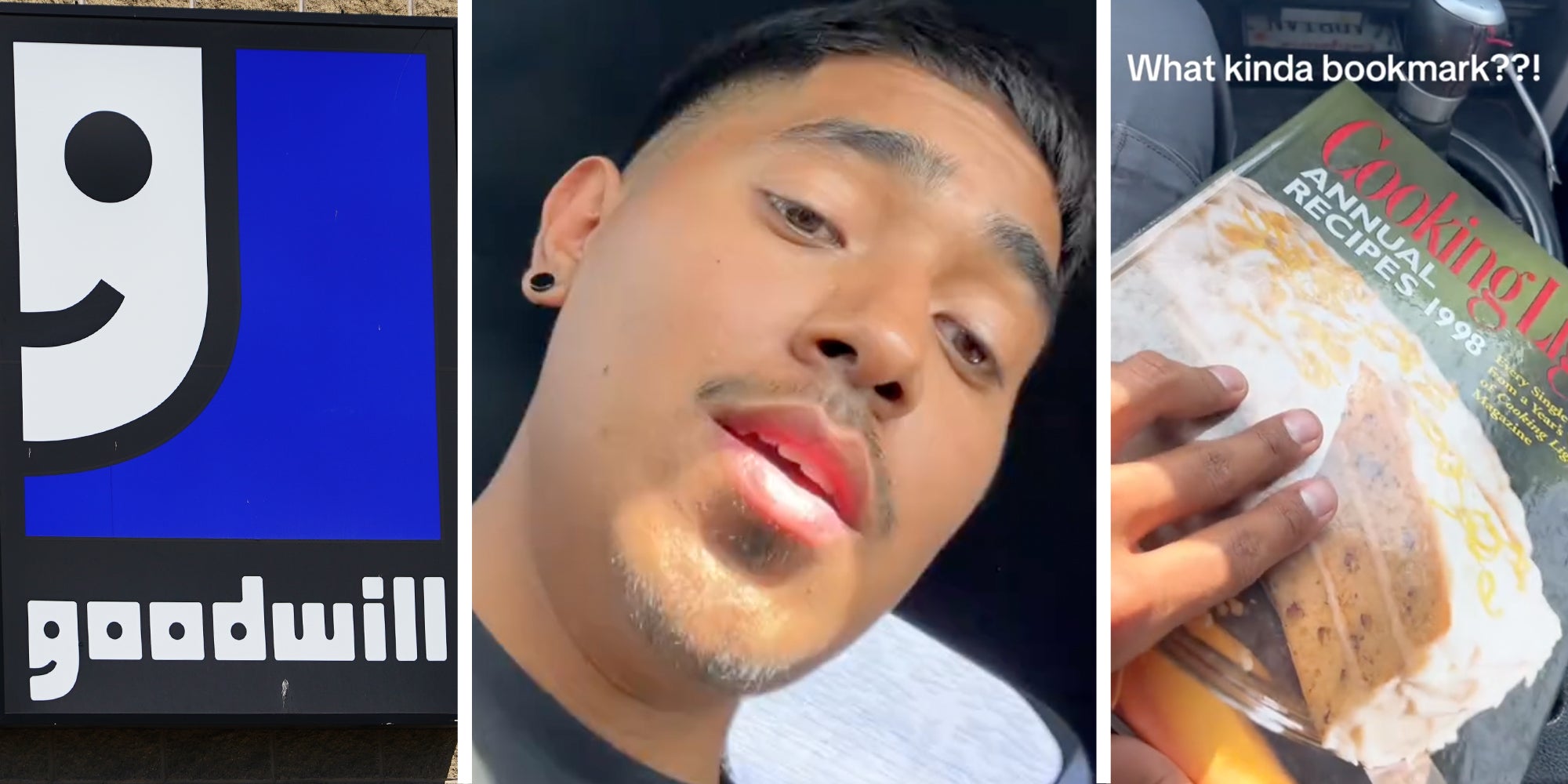 Goodwill sign(l), Man talking(c), Hand holding book with text that says 'what kinda bookmark??!'(r)
