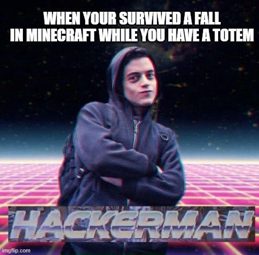 'when you survived a fall in minecraft while you have a totem' hackerman meme