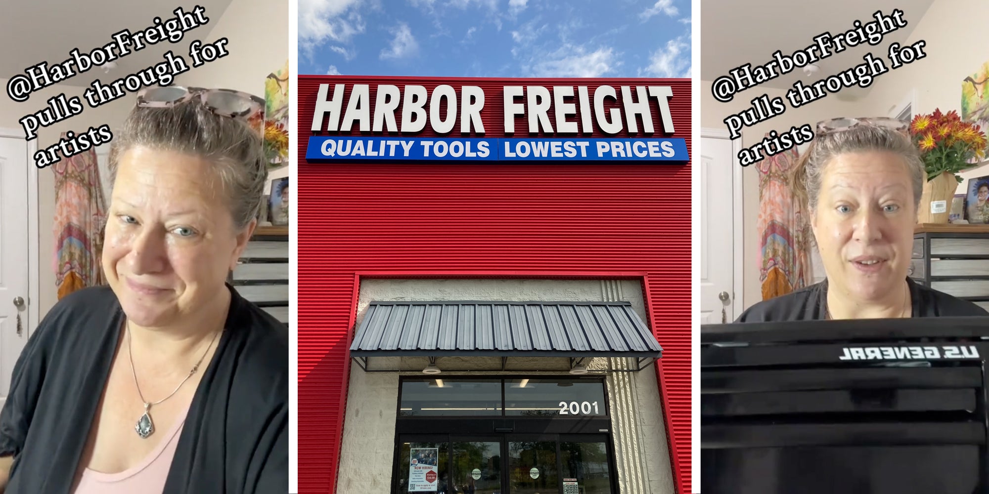 Woman talking with text that says '@harborfreight pulls through for artists'(l+r), Harbor Freight storefront(c)