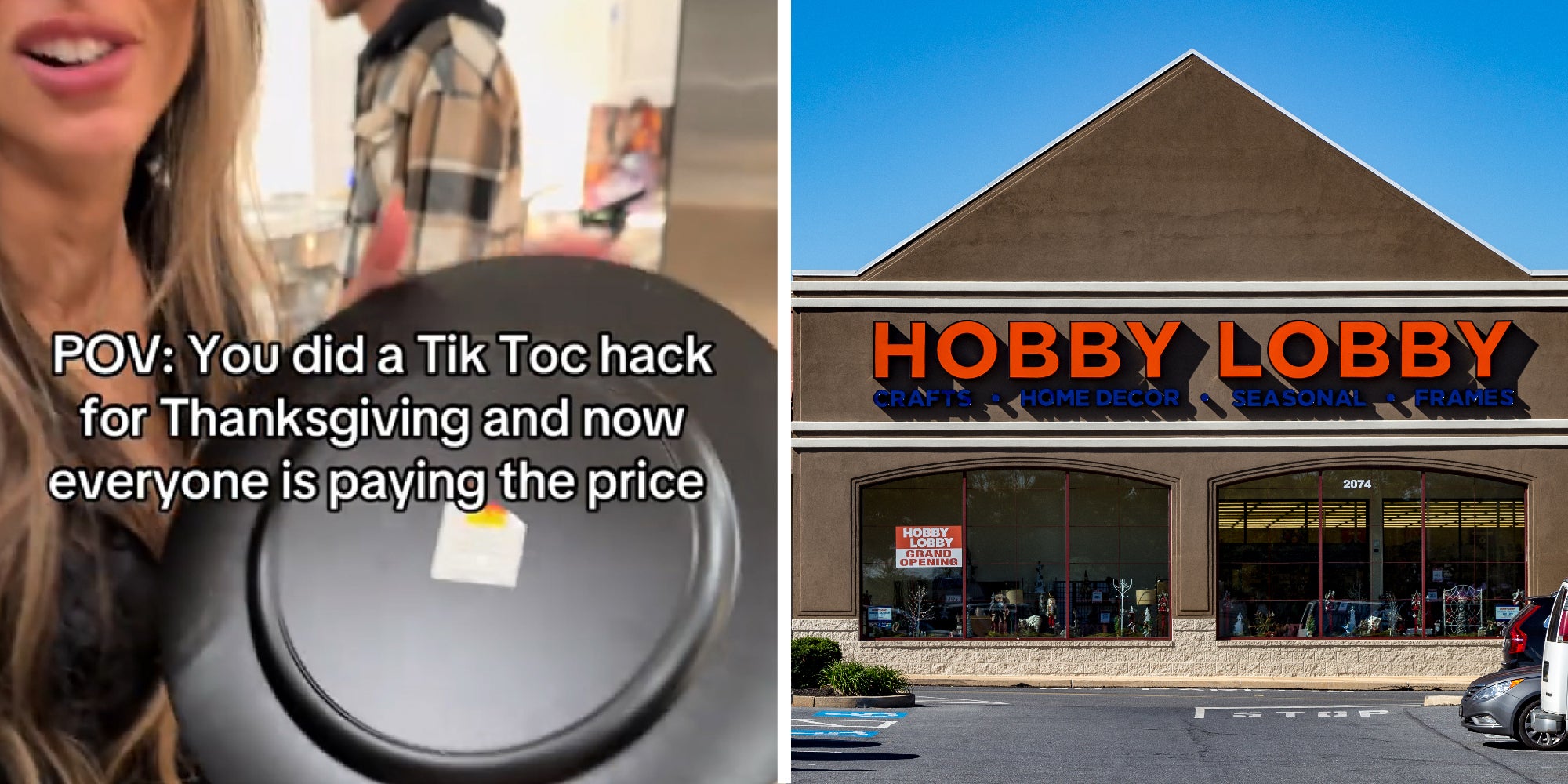 2 panel image. Plate on one side, Hobby Lobby store on the other.