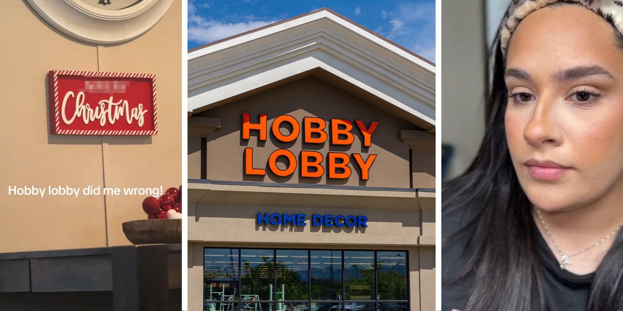 Christmas Signs(l) Hobby Lobby Store Front(c) Woman Sharing her hobby lobby purchase(r)