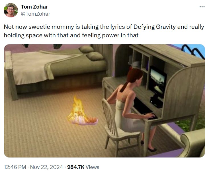 Wicked interview meme with the baby on fire screenshot from The Sims.