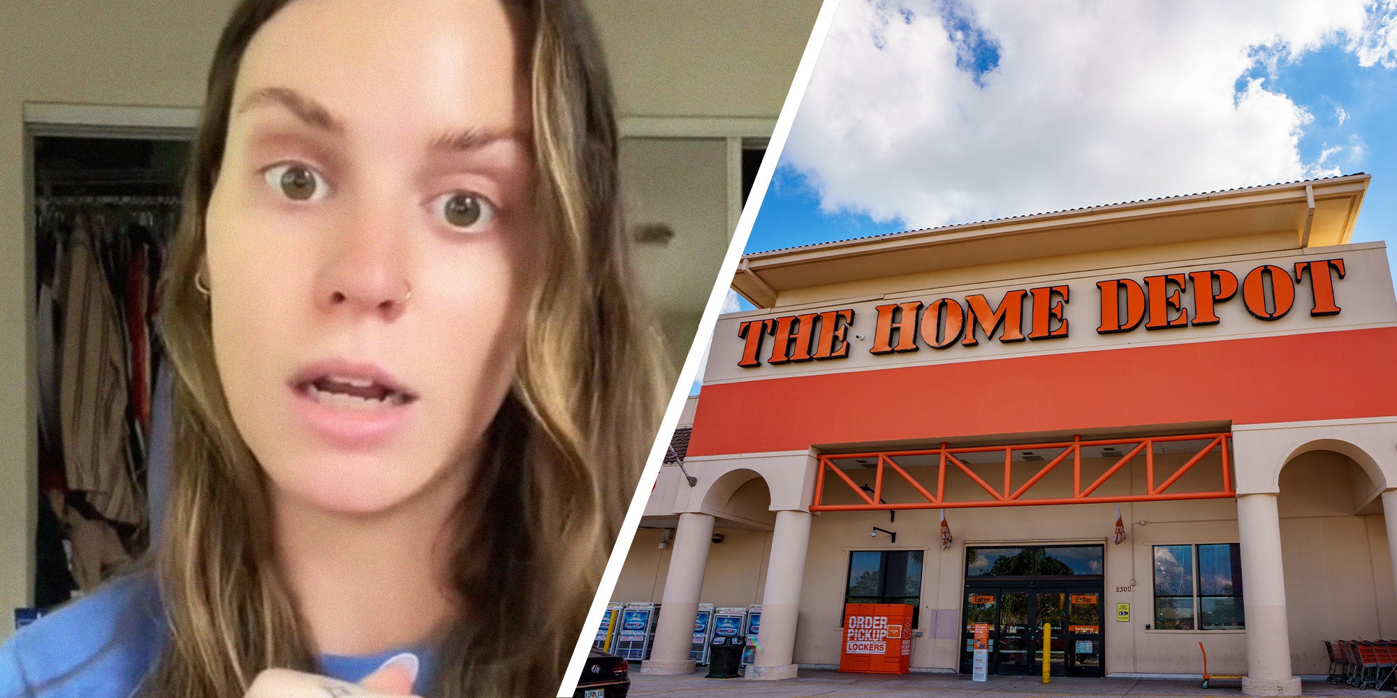 Woman sharing her Home Depot Experience(l) The Home Depot(r)