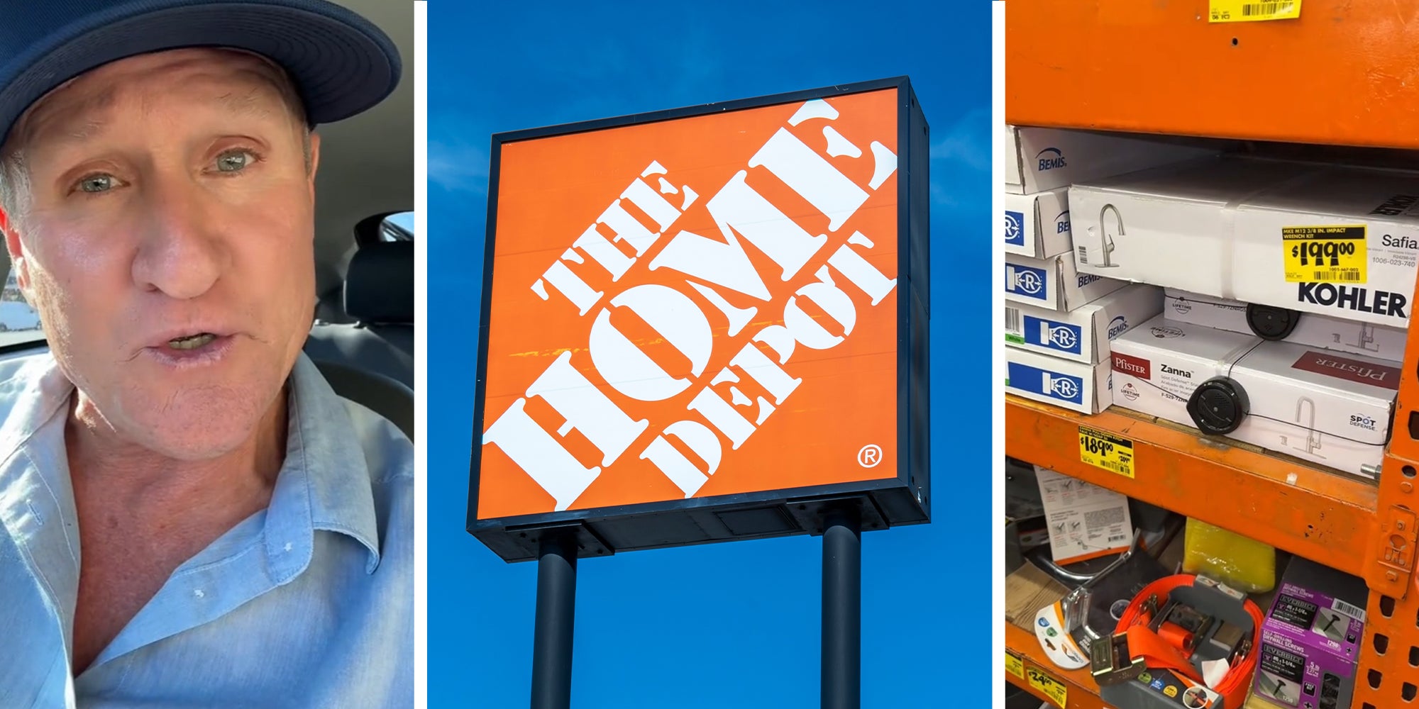 Man sharing best tips for pricing at HomeDepot(l) Home Depot Sign(c) Home Depot Shelf(r)