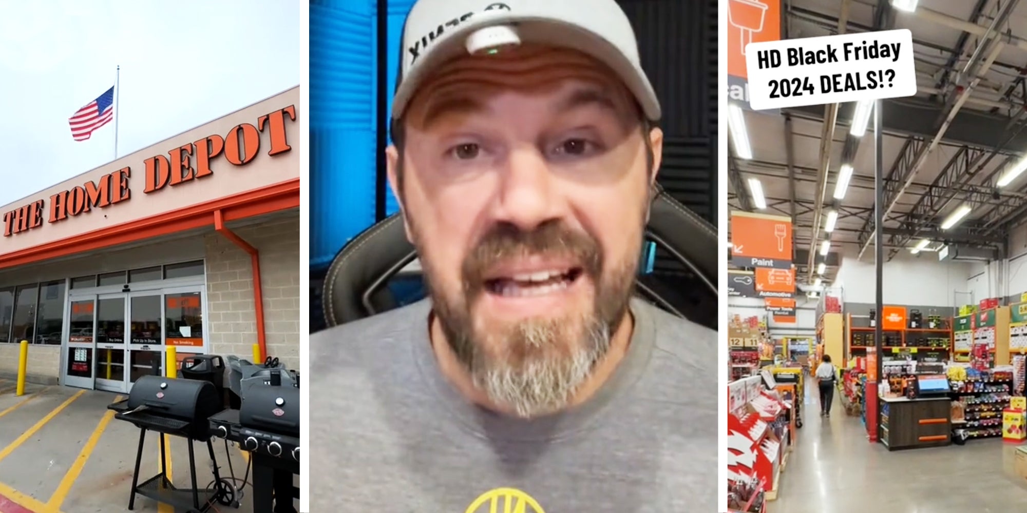 The Home Depot storefront(l), Man talking(c), Interior The Home Depot with text that says 'HD Black Friday 2024 Deals'(r)
