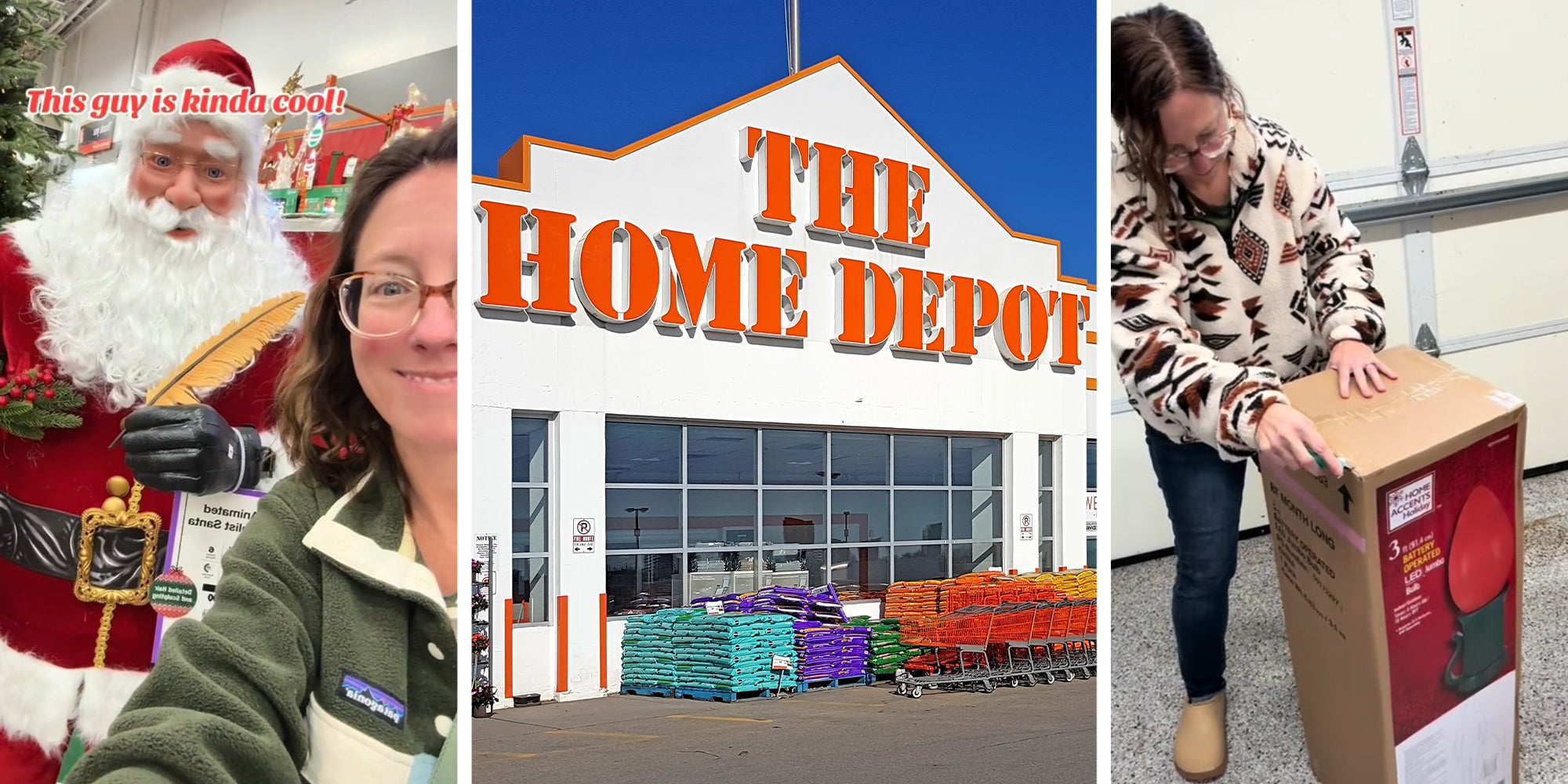 Woman near Santa display(l) The Home Depot Store Front(c) Woman opening giant christmas bulb lamp(r)