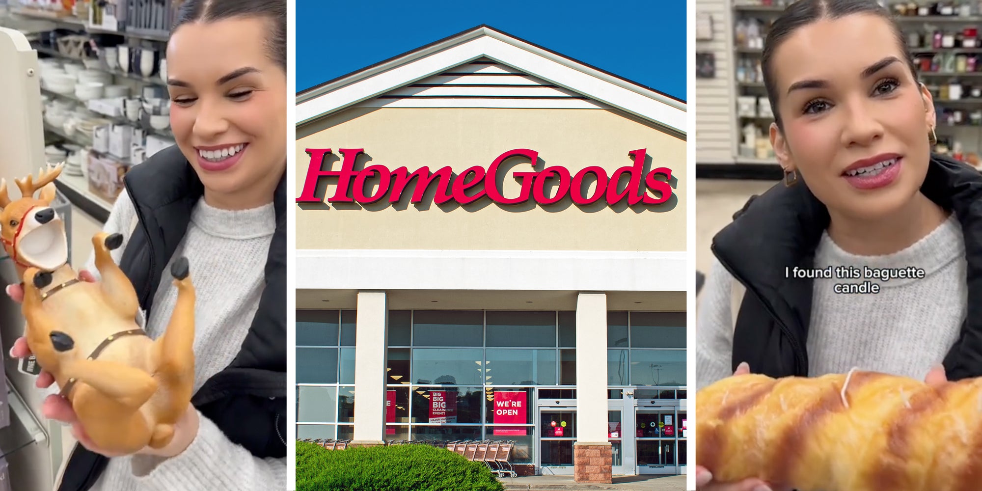 Woman holding deer figurine(l), HomeGoods storefront(c), Woman holding baguette candle and text that says 'i found this baguette candle'(r)