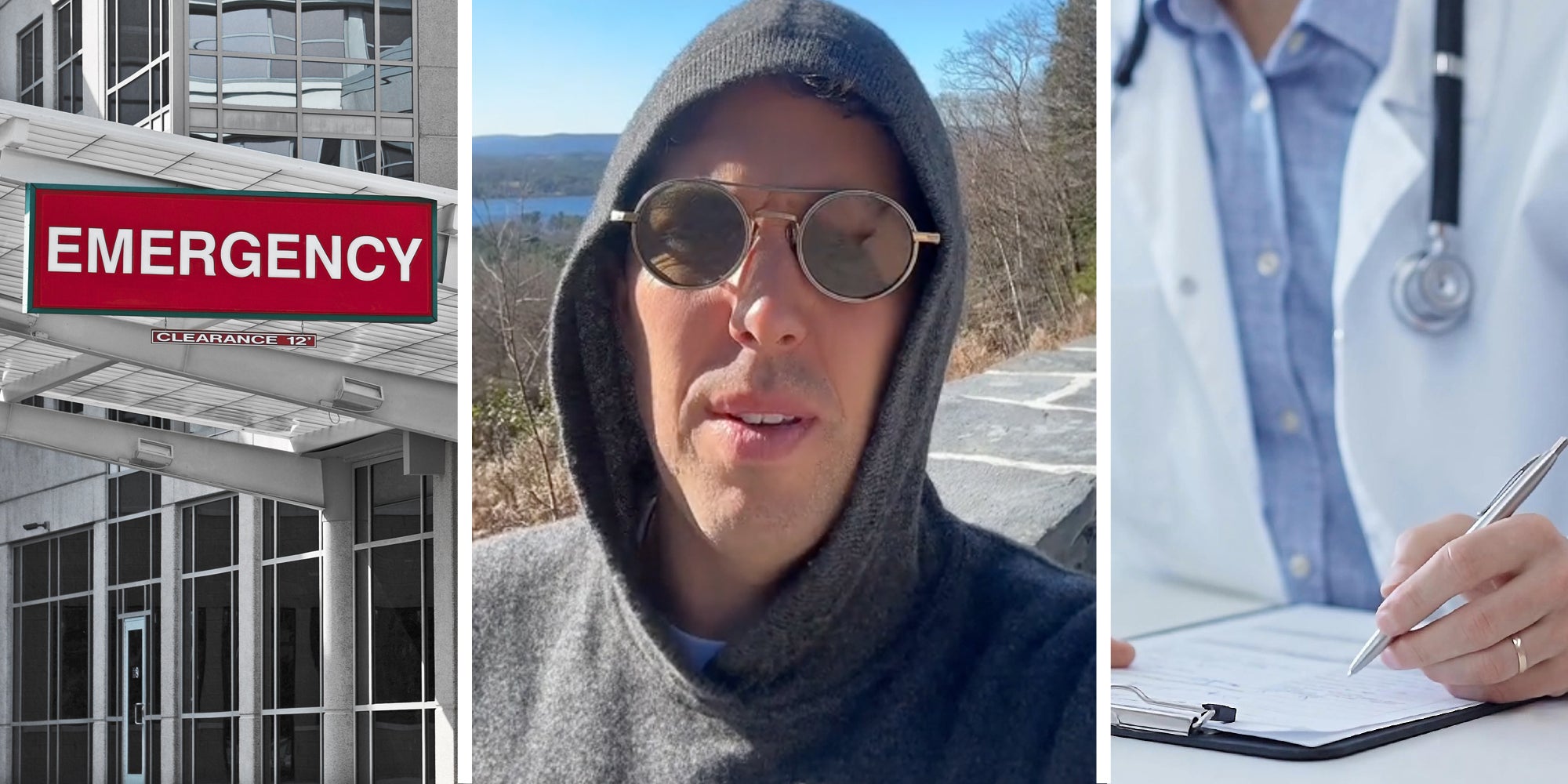 Emergency entrance at hospital(l), Man talking(c), Doctor signing documents(R)