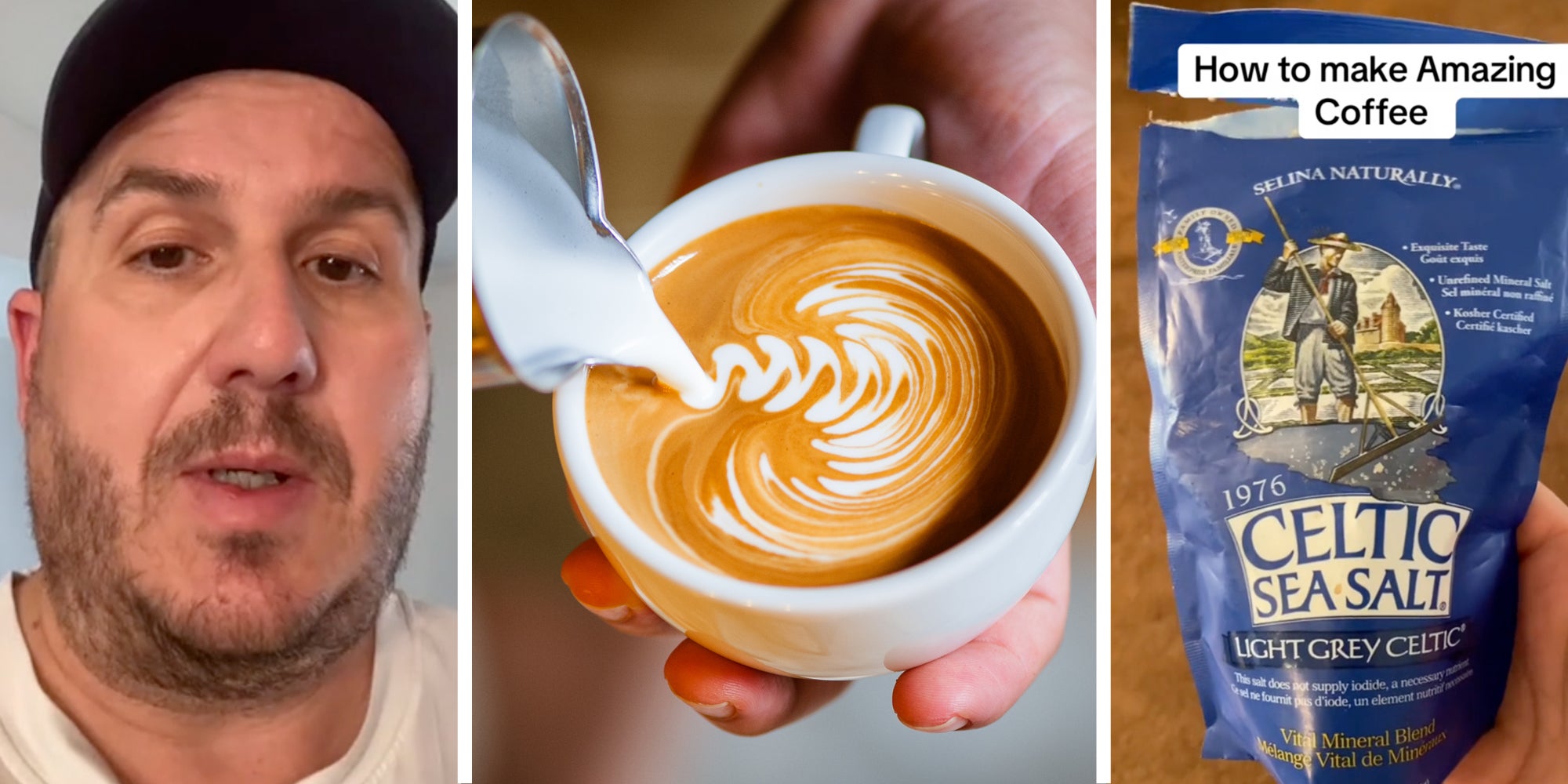 Man talking(l), Coffee being made(c), Hand holding bag of celtic sea salt and text that says 'how to make amazing coffee'(r)